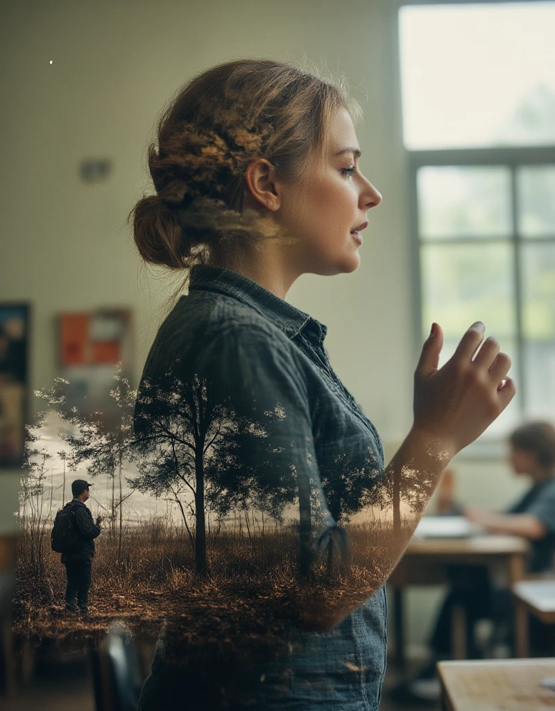 A realistic, live-action 8K quality work of art based on completely accurate , with the theme of "Calm Madness", double vision, multiple exposure, and a color image of a female teacher giving an impassioned speech to ren in a classroom, superimposed on the color image is a close-up scene in monochrome of a soldier fighting on the battlefield being shot and falling.