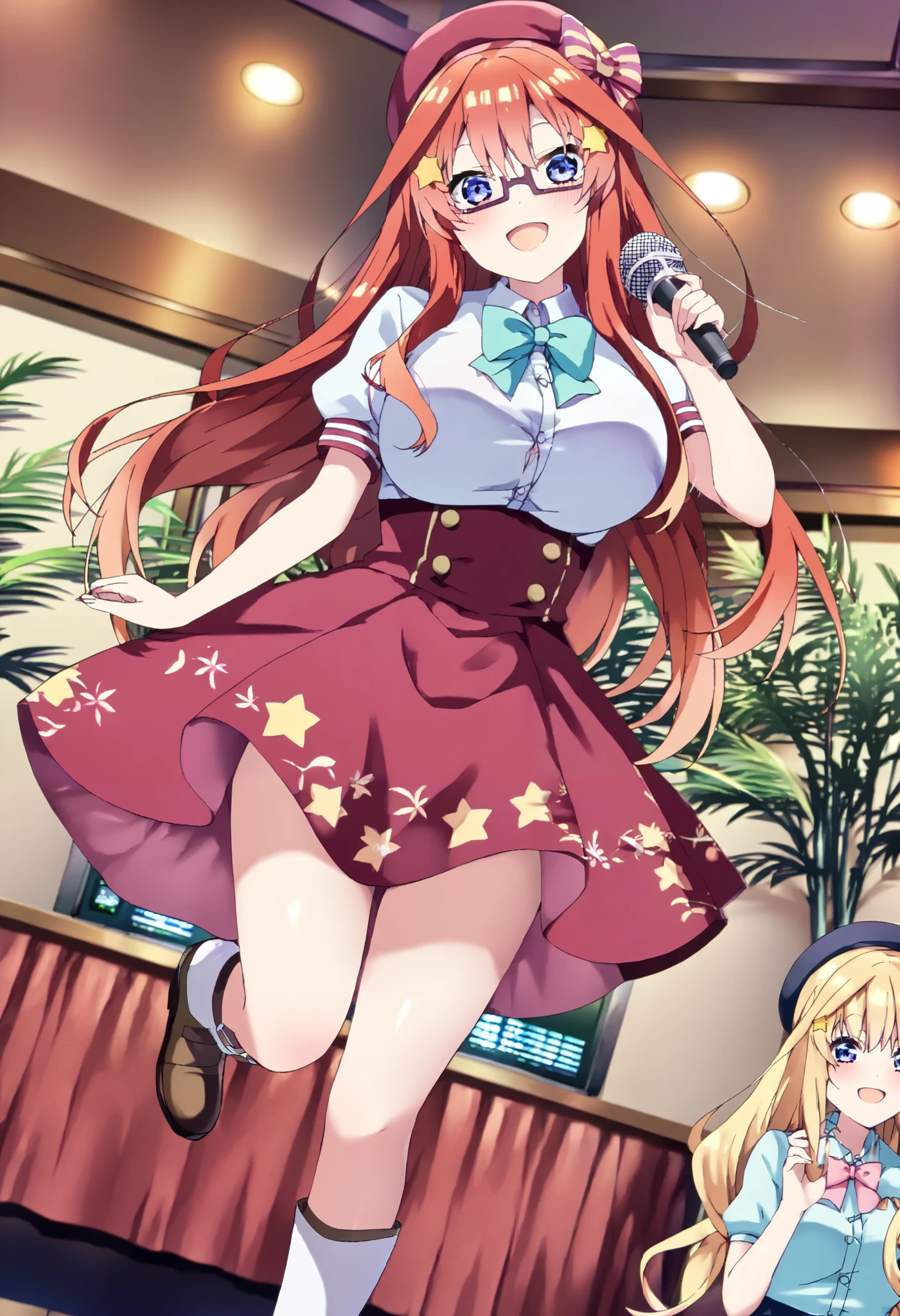 score_9, score_8_ up, score_7_ up, source_Anime, itsukinakano, Nakano Mizuki , bangs, blue eyes, hair between eyes , stupid hair, Red Hair,yellow star \(symbol\), hair ornament,yellow star hair ornament,Glasses,smile,blush, open your mouth,Big Breasts, idol costume, dress,collared dress, jacket ,cropped jacket ,Short sleeve,bowtie,bow,button, has ,beret,( white knee high:1.2),shoes, interior ,アイドル歌手がライブ stageで熱狂的に歌うシーンのイラスト. アイドル歌手が stage中央に立っている. Idol singers wear and boots . the idol singer is holding the microphone and singing . the idol singer's expression is serious and impressive . The singer's voice is strong and beautiful , stageの周りにはファンが集まる, The fans sing and dance with the idol singer ,whole bodyがイラストに入るように,
break looking at viewer,whole body,
break indoors, stage,
break (masterpiece:1.2), best quality , kampala,unity 8k wallpaper,(shape:0.8),( fine and beautiful eyes :1.6),It's a person ,whole body写真,CG Details , (perfect hand, complete anatomy),