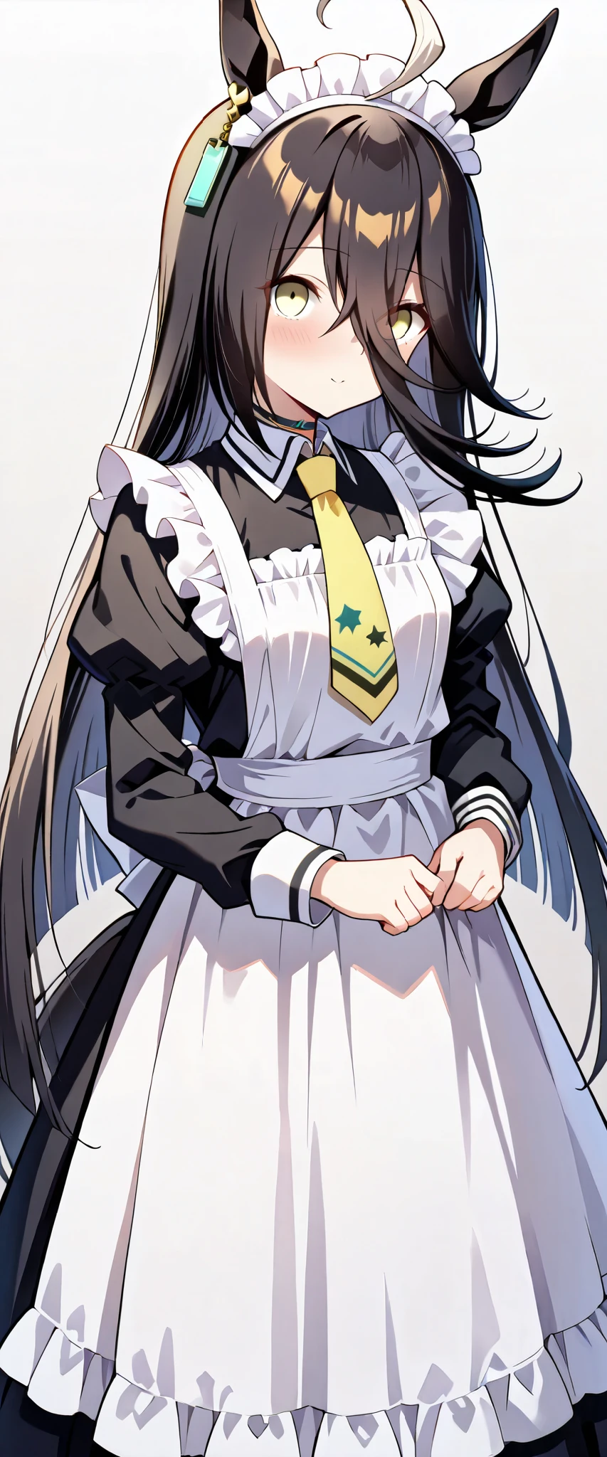 Long, slender face,manhattan cafe (umamusume), ahoge,animal ears,,black hair,earrings,,hair between eyes, highres,horse ears,jewelry,long hair,multicolored hair,,yellow eyes,, ,horse girl,, horse tail,tail,,,, very long hair,,eyebrows visible through hair,eyes visible through hair,small breasts,score_9, score_8_up, score_7_up, source_anime,1girl,maid, maid apron, maid headdress, puffy sleeves