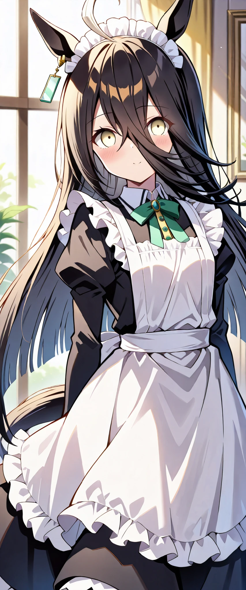 Long, slender face,manhattan cafe (umamusume), ahoge,animal ears,,black hair,earrings,,hair between eyes, highres,horse ears,jewelry,long hair,multicolored hair,,yellow eyes,, ,horse girl,, horse tail,tail,,,, very long hair,,eyebrows visible through hair,eyes visible through hair,small breasts,score_9, score_8_up, score_7_up, source_anime,1girl,maid, maid apron, maid headdress, puffy sleeves,solo
