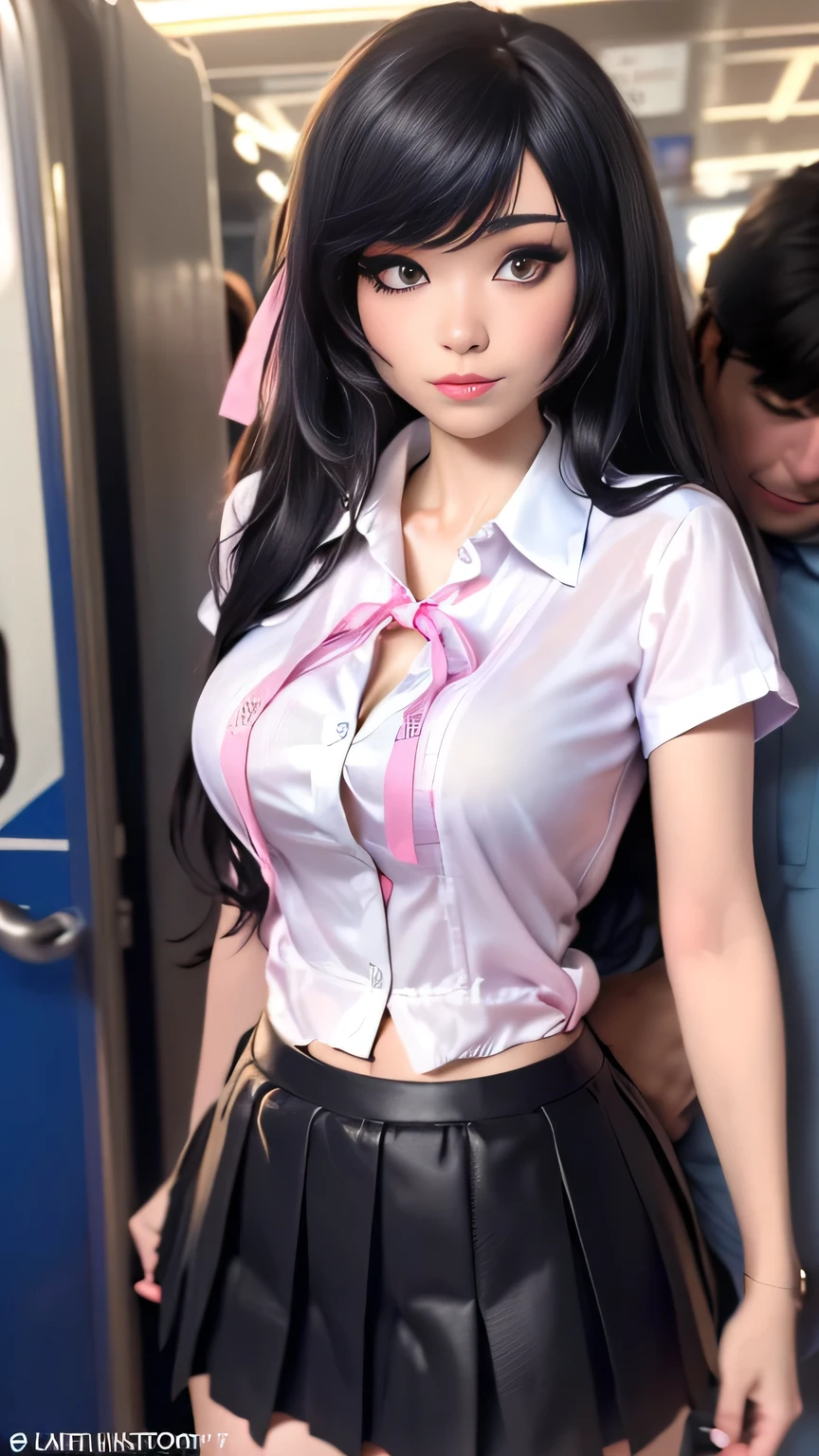 1girl in, photo of Emiru, RAW, beautiful woman, ((full body portrait, detailed face:1.2)), (long black hair, straight black hair), ((detailed facial feature, detailed skin, clear skin), (perfect proportioned body, runners body, thin hips, thin waist, skinny, petite, detailed skin texture), (wearing a short sleeve button down white blouse, unbuttoned, jk ribbon, short pleated skirt pink, school girl uniform: 1.25), (Inside a crowded train with sunlight streaming in, leaning on a man, A man hugs the girl from behind on a train, the man is holding her), (realistic photo, best quality, detailed), (8k wallpaper), (cinematic lighting, dramatic lighting), (sharp focus, intricate) high quality, film grain, Fujifilm XT3 sharp focus, f 5.6, 50mm, High Detail, Sharp focus,(natural light), crazy details, complex details, hyper detailed. (cowboy photo:1.2), light particles, sfw