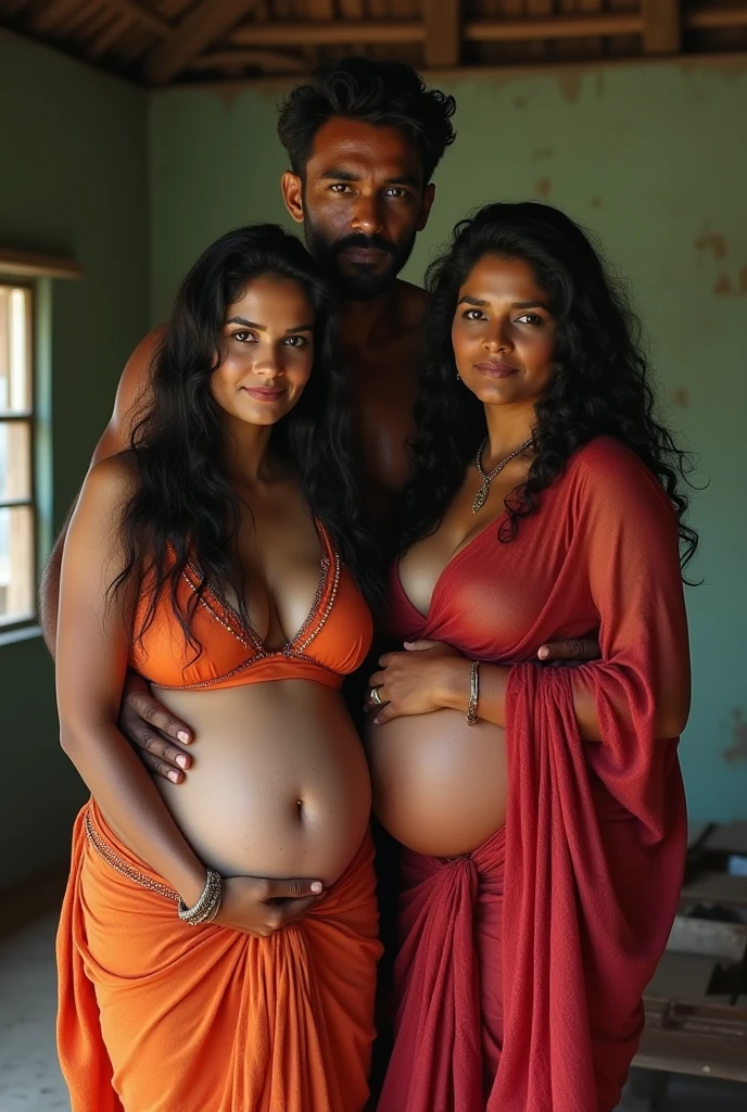 Two hot curvy white south indian milf with long single plaited hairstyle, big breast, big hip, very big ass, thick thighs, woman wearing sexy saree, looking at camera, man in middle and two woman, tall man and short woman, in white room, man with short side fade hairstyle, muscular body, beard, looking at camera