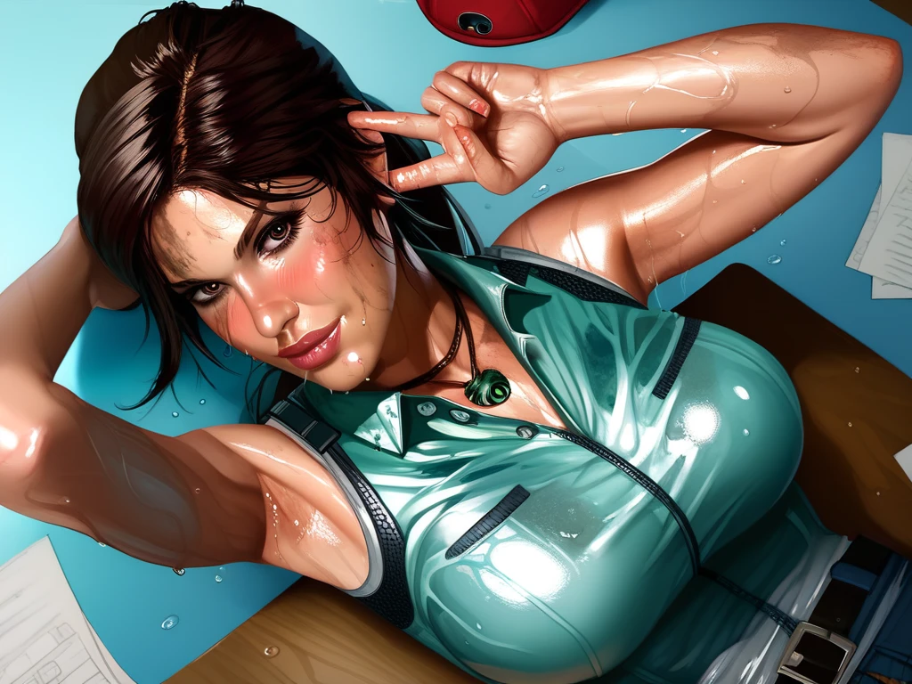 (Surreal), (Illustration), (High resolution), (in 8K), (Extreme Detail), (Best Illustration), (beautiful detail), (Best Quality), (masuter piece), (Wallpaper), ( Detailed face),a blond、poneyTail、Her bangs are parted and her forehead is visible..、jillvalentine、Black tank top、Cargo pantilitary equipment、cowboy shot、Realistic fantasy rendering, Realistic anime girl rendering, (Big Breast: 1.4) popular in CGSTATION, 4K、highlight in eyes、（Background with、garage）