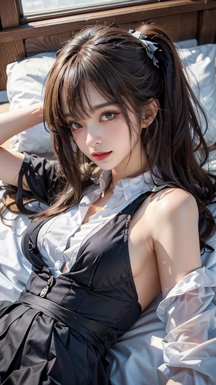 ((A female student stands in the office with her breasts exposed)), (thick and long black hair), Bangs, Blunt bangs, Long hair, ((poneyTail)), aqua eyes, longeyelashes, Solid Circle Eyes, makeup, Open mouth, blush, Parted lips, Bright pupils, Seductive smile, glint, surrealism, Modern, Chiaroscuro, depth of fields, One-person viewpoint, F/1.8, 135 mm, canon, nffsw, retinas, masutepiece, ccurate, Anatomically correct, Textured skin, Super Detail, high details, High quality, Best Quality, hight resolution, 1080p, hard disk, 4K, 8K,(Breasts whole body angle)、Beautiful breasts schoolgirl uniform、((White blazer emblem on chest))、((underboob))、Lower breast、Oily skin、skinny、red loose bow tie、Skyscrapers are hazy in the background、blush, Parted lips, Bright pupils, smiley, Seductive smile, glint, surrealism, Modern、Chiaroscuro、(Medium Size Breast)、((sexypose))、(camel's toe), double whirlwind pattern design garment,Iris heterochromatic pupil,hight resolution,((The erection))、(Puffy eyes:1.2)、 (Slim legs),(Light shines on the face and chest)、 (the underside of the chest is slightly visible),(目に見えるLower breast、I can see your belly button and ribs)、Hip bones and lower abdomen are visible、((Navy blue flared miniskirt with white trim))、(lift up skirt),(Black T-back panties visible),(Black stockings、I see black high heels)、Very beautiful breasts、Grasp your breasts with both hands、(Puffy eyes:1.2)、 (Slim legs)、erotick、nffsw、