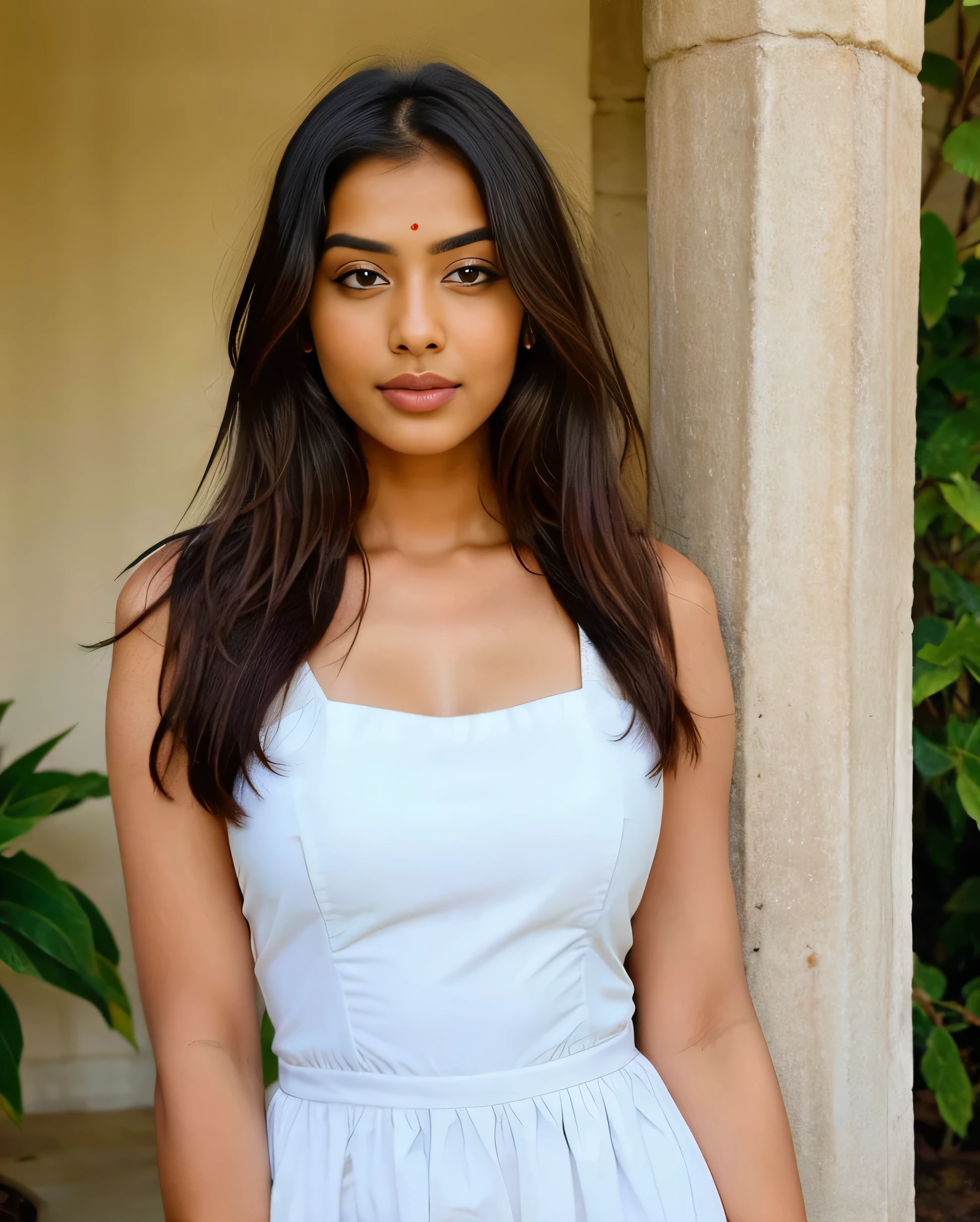 Indian girl, beautiful , smily face, wearing white frock, looking very simple desi girl, sexy pose, close look