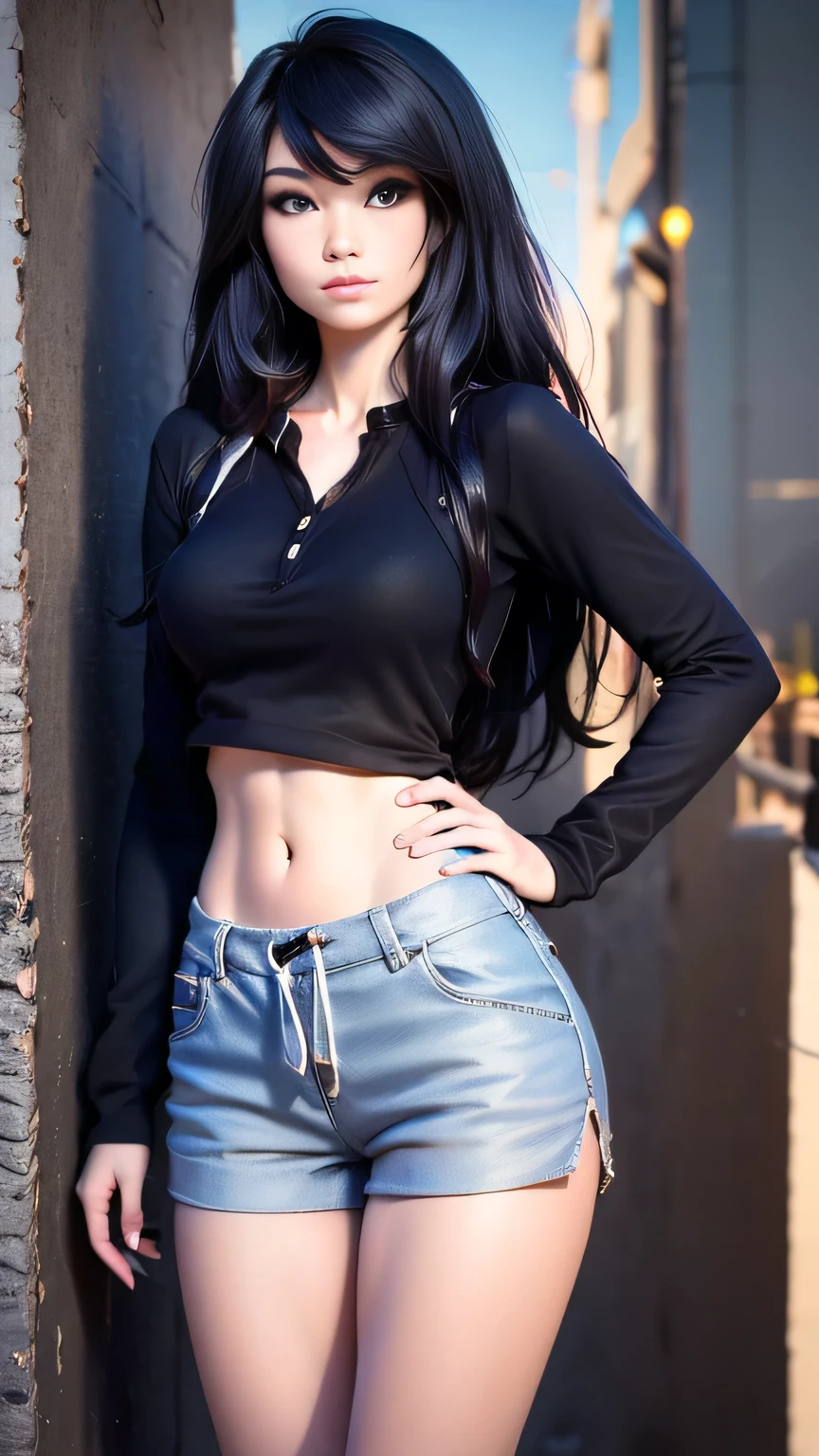 1girl in, photo of Emiru, RAW, beautiful woman, ((full body portrait, detailed face:1.2)), (long black hair, straight black hair), ((detailed facial feature, detailed skin, clear skin), (perfect proportioned body, runners body, thin hips, thin waist, skinny, petite, detailed skin texture), (blank background, plain background, blank wall, (she is wearing A tight Long sleeve Henley shirt, Boy shorts, Nike sneakers), full body, Riding a skateboard down Venice Beach, boardwalk, sunset Beach background, (realistic photo, best quality, detailed), (8k wallpaper), (cinematic lighting, dramatic lighting), (sharp focus, intricate) high quality, film grain, Fujifilm XT3 sharp focus, f 5.6, 50mm, High Detail, Sharp focus,(natural light), crazy details, complex details, hyper detailed. (cowboy photo:1.2), light particles, sfw