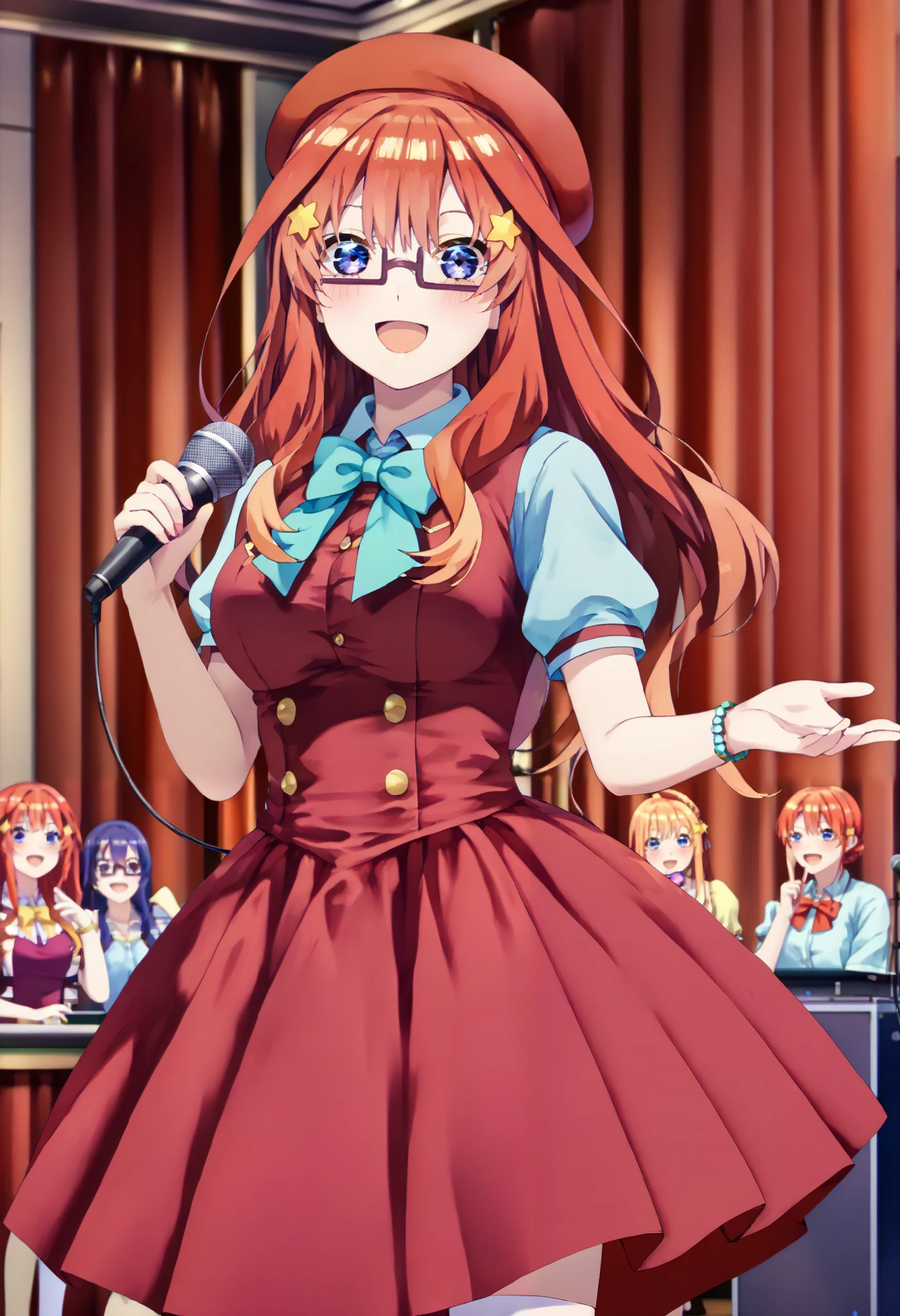  score_9,  score_8_ up,  score_7_ up,  source_Anime, itsukinakano, Nakano Mizuki , bangs, blue eyes,  hair between eyes , stupid hair, Red Hair,yellow star  \(symbol\),  hair ornament,yellow star   hair ornament,Glasses,smile,blush, open your mouth,Big Breasts, idol costume, dress,collared  dress, jacket ,cropped  jacket ,Short sleeve,bowtie,bow,button, has ,beret,( white knee high:1.2),shoes, interior ,アイドル歌手がライブ stageで熱狂的に歌うシーンのイラスト. アイドル歌手が stage中央に立っている. Idol singers wear  and boots .  the idol singer is holding the microphone and singing .  the idol singer's expression is serious and impressive . The singer's voice is strong and beautiful , stageの周りにはファンが集まる, The fans sing and dance with the idol singer ,whole bodyがイラストに入るように,
break looking at viewer,whole body,
break indoors, stage, 
break (masterpiece:1.2), best quality  , kampala,unity 8k wallpaper,(shape:0.8),(  fine and beautiful eyes :1.6),It's a person ,whole body写真,CG Details , (perfect hand, complete anatomy),