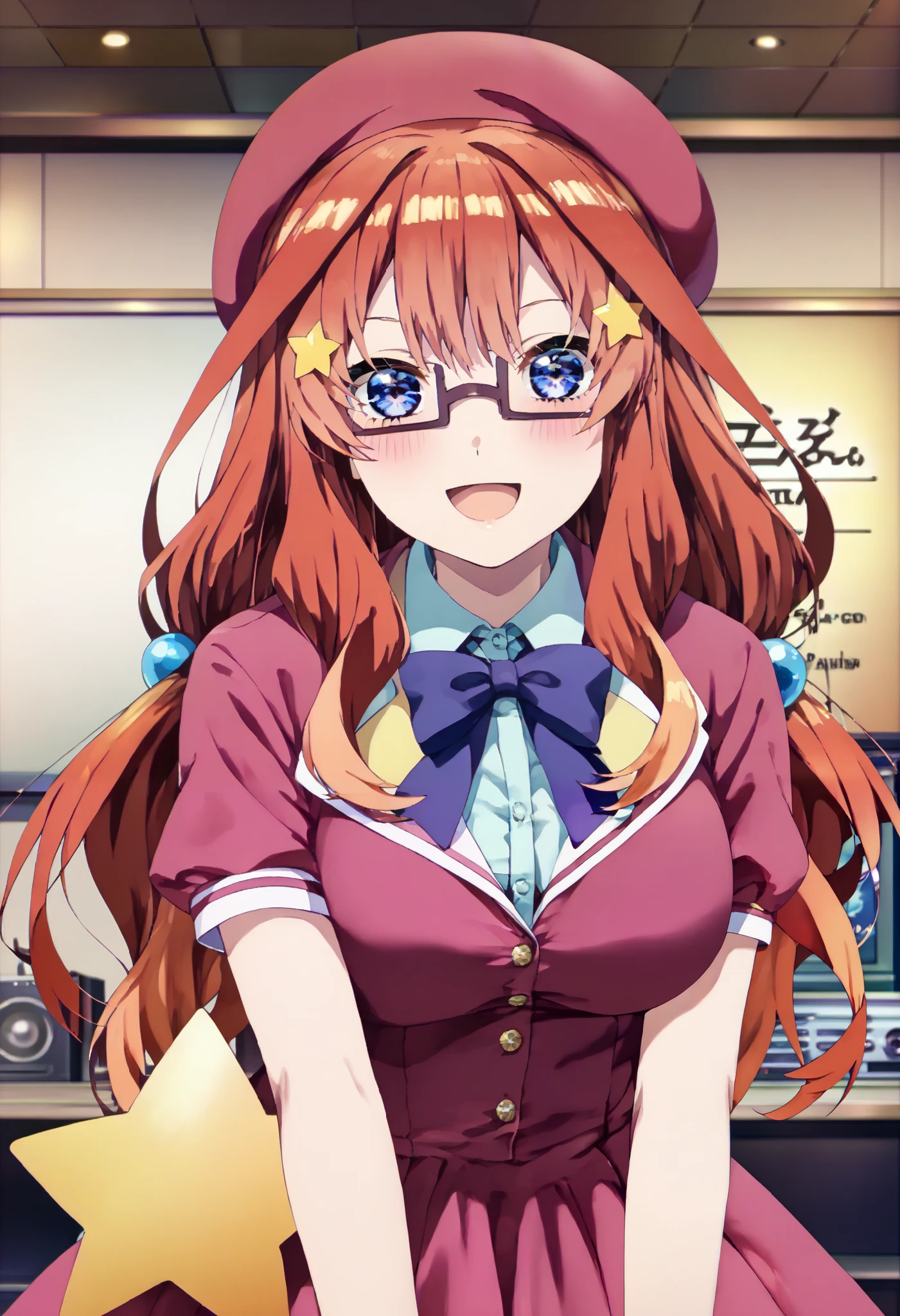  score_9,  score_8_ up,  score_7_ up,  source_Anime, itsukinakano, Nakano Mizuki , bangs, blue eyes,  hair between eyes , stupid hair, Red Hair,yellow star  \(symbol\),  hair ornament,yellow star   hair ornament,Glasses,smile,blush, open your mouth,Big Breasts, idol costume, dress,collared  dress, jacket ,cropped  jacket ,Short sleeve,bowtie,bow,button, has ,beret,( white knee high:1.2),shoes, interior ,アイドル歌手がライブ stageで熱狂的に歌うシーンのイラスト. アイドル歌手が stage中央に立っている. Idol singers wear  and boots .  the idol singer is holding the microphone and singing .  the idol singer's expression is serious and impressive . The singer's voice is strong and beautiful , stageの周りにはファンが集まる, The fans sing and dance with the idol singer ,whole bodyがイラストに入るように,
break looking at viewer,whole body,
break indoors, stage, 
break (masterpiece:1.2), best quality  , kampala,unity 8k wallpaper,(shape:0.8),(  fine and beautiful eyes :1.6),It's a person ,whole body写真,CG Details , (perfect hand, complete anatomy),
