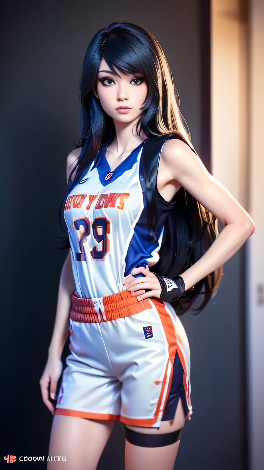 1girl in, photo of Emiru, RAW, beautiful woman, ((full body portrait, detailed face:1.2)), (long black hair, straight black hair), ((detailed facial feature, detailed skin, clear skin), (perfect proportioned body, runners body, thin hips, thin waist, skinny, petite, detailed skin texture), (blank background, plain background, blank wall, (she is wearing A baggie basketball jersey, New York Knicks Jersey), basketball court, at a basketball game in the stands, basketball game, (realistic photo, best quality, detailed), (8k wallpaper), (cinematic lighting, dramatic lighting), (sharp focus, intricate) high quality, film grain, Fujifilm XT3 sharp focus, f 5.6, 50mm, High Detail, Sharp focus,(natural light), crazy details, complex details, hyper detailed. (cowboy photo:1.2), light particles, sfw