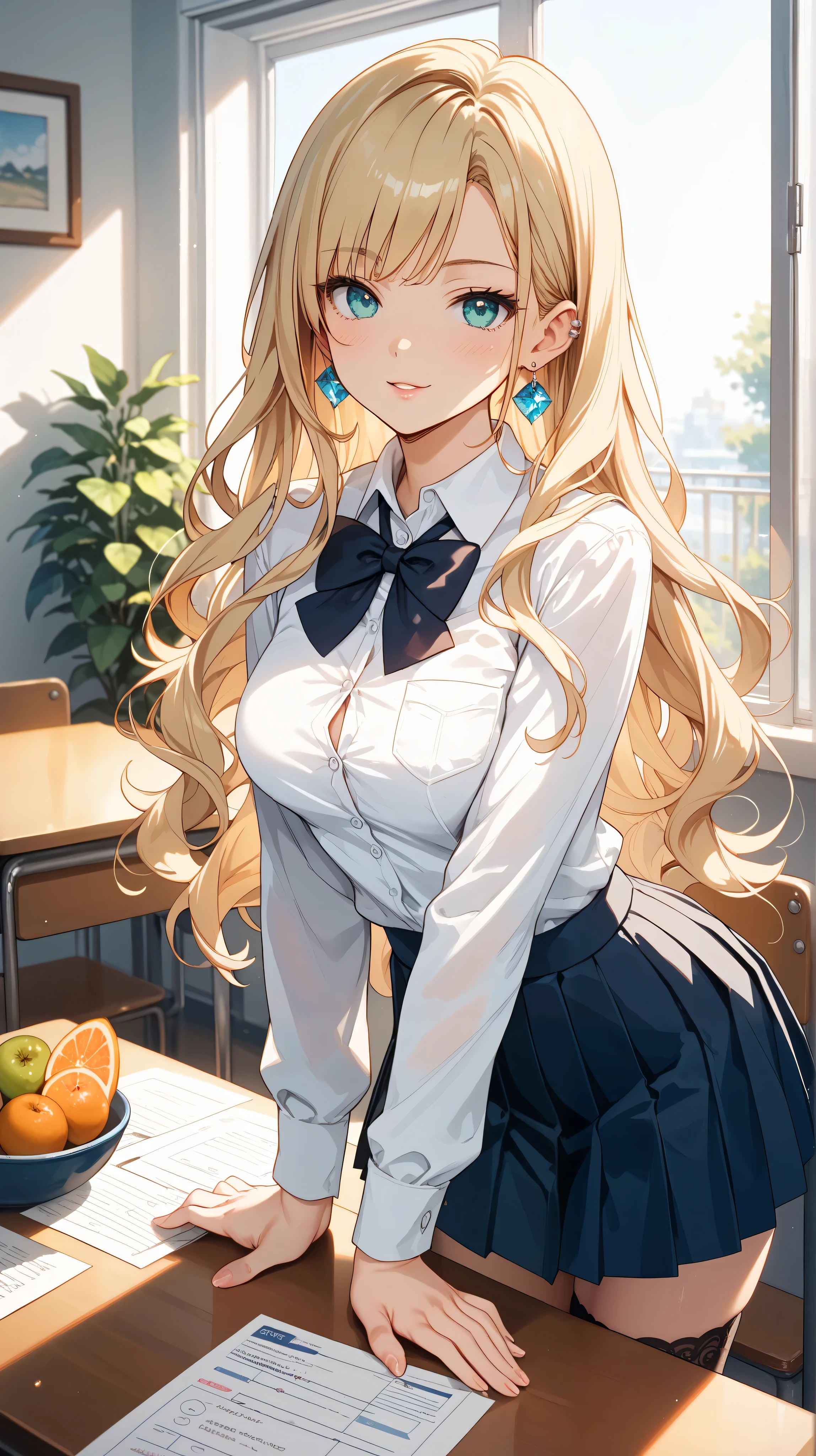 Create an image of a young woman with long, flowing blonde hair and striking aqua eyes, standing indoors in a school setting. She is wearing a classic school uniform consisting of a crisp white shirt with long sleeves, adorned with a black bowtie, and a pleated black skirt. Her outfit is complemented by black thigh-high socks, creating a zettai ryouiki effect, and she wears elegant earrings and an ear piercing that add a touch of sophistication.
The scene captures her leaning slightly forward, looking directly at the viewer with a gentle and inviting expression. Her medium-sized breasts are subtly outlined by the shirt, and a delicate bow is tied in her hair, adding a charming detail to her appearance. In front of her, on a desk, there is an assortment of colorful fruits and a cup, suggesting a casual and relaxed atmosphere. The lighting is soft, highlighting her features and the subtle sheen of her jewelry, creating a warm and inviting mood.