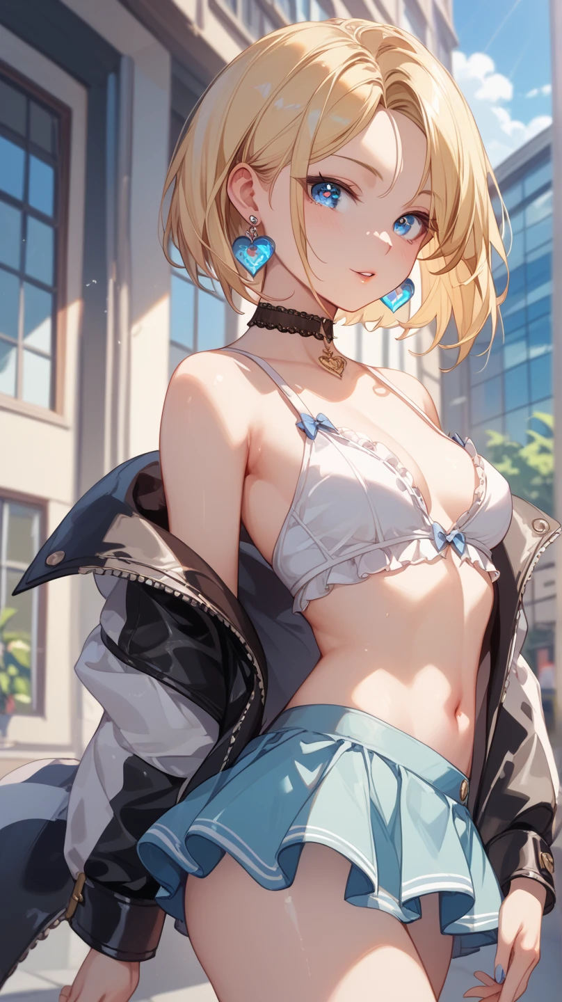 gonzarez, masterpiece, Serenaj, 1girl,l solo,
blue eyes, blonde hair, medium hair, open eyes, night background , red skirt, bra, medium breast , top up, sitting ,