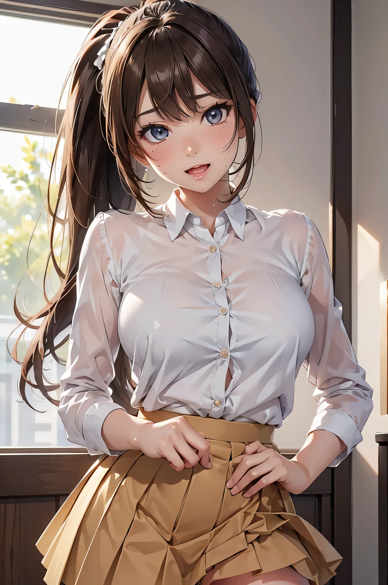 ((((Highest quality, High resolution)))), Extremely detailed 8K, Beautiful girl with slim body, (Ultra HD, Very detailed, Very detailed, Very realistic, Ultra-realistic, Photo Real), (One girl:1.5), Long Hair、Twin tails、Brown eyes, (Medium Breast: 1.2), (Beautifully detailed face, Beautiful attention to detail), (Sheer blouse:1.4),(Cleavage)、(Light of the sun, sunlight),(slender:1.5),(Light clothing:1.6),(Open chest)、(Idol face:1.7),(Beautiful eyes)、(Beautiful face)、(Toned body:1.5),(masterpiece:1.8),Blushing、Beautiful Skin、Moist eyes、Embarrassed expression、Baby Face、Big Eyes、smile、(Inviting pose:2.0),(Slim and beautiful legs:1.6),