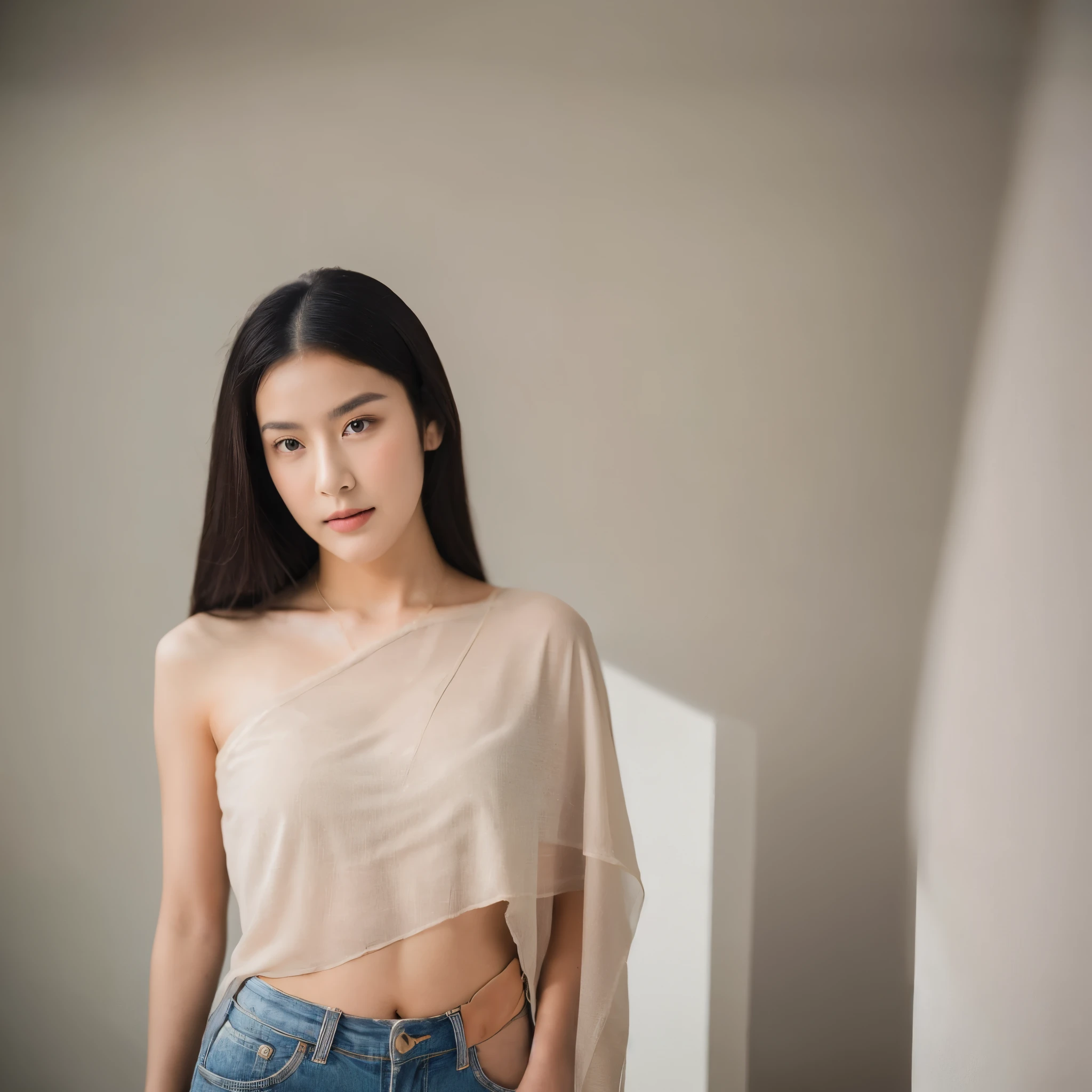 The photograph portrays an Asian woman with long, straight black hair, standing gracefully against a pristine white wall. Her fair complexion contrasts beautifully against the backdrop, and her petite physique is accentuated by a sheer white tank top that gently conforms to her body, subtly revealing the contours underneath. The top, loose-fitting with a deep V-neckline, offers an ethereal glimpse of her skin. Her expression remains neutral, lips slightly parted, casting a direct gaze toward the camera. The minimalistic background, featuring a white door to her right and a window to her left, allows soft, natural light to envelop the scene, casting gentle shadows on the wall and adding depth. The overall ambiance exudes tranquility, highlighting simplicity and natural beauty, with a well-composed image that centers and symmetrically frames the subject. sabai