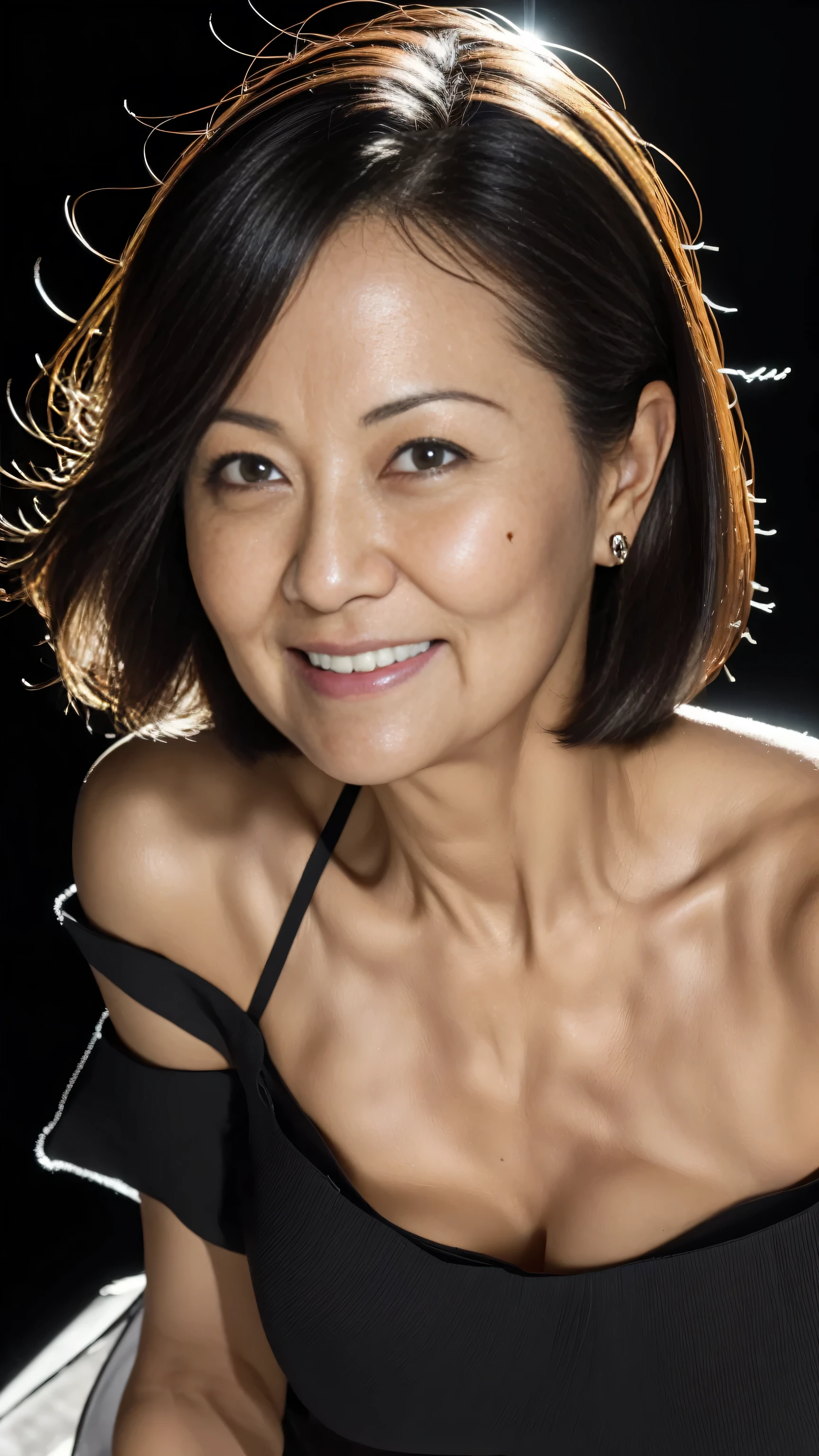 ((( best quality )), ((8k)), ((Masterpiece: 1.3)), ( photorealism: 1.6), (JMA), ( Portrait of a Japanese mature woman ), (Jet black background: 1.2), (Woman standing obliquely forward : 1.4), (65-year-old woman), (Perfect looks), (( realistic skin texture)), ( Fine lines all over the skin ), (Dullness), ( facial wrinkles), ( Wrinkles Around My Eyes ), double eyelids, Tear bags under the eyes , (Grimacing and laughing), short bang , short hair, ( loose one-shoulder elegant blouse: 1.2), ( face close-up),