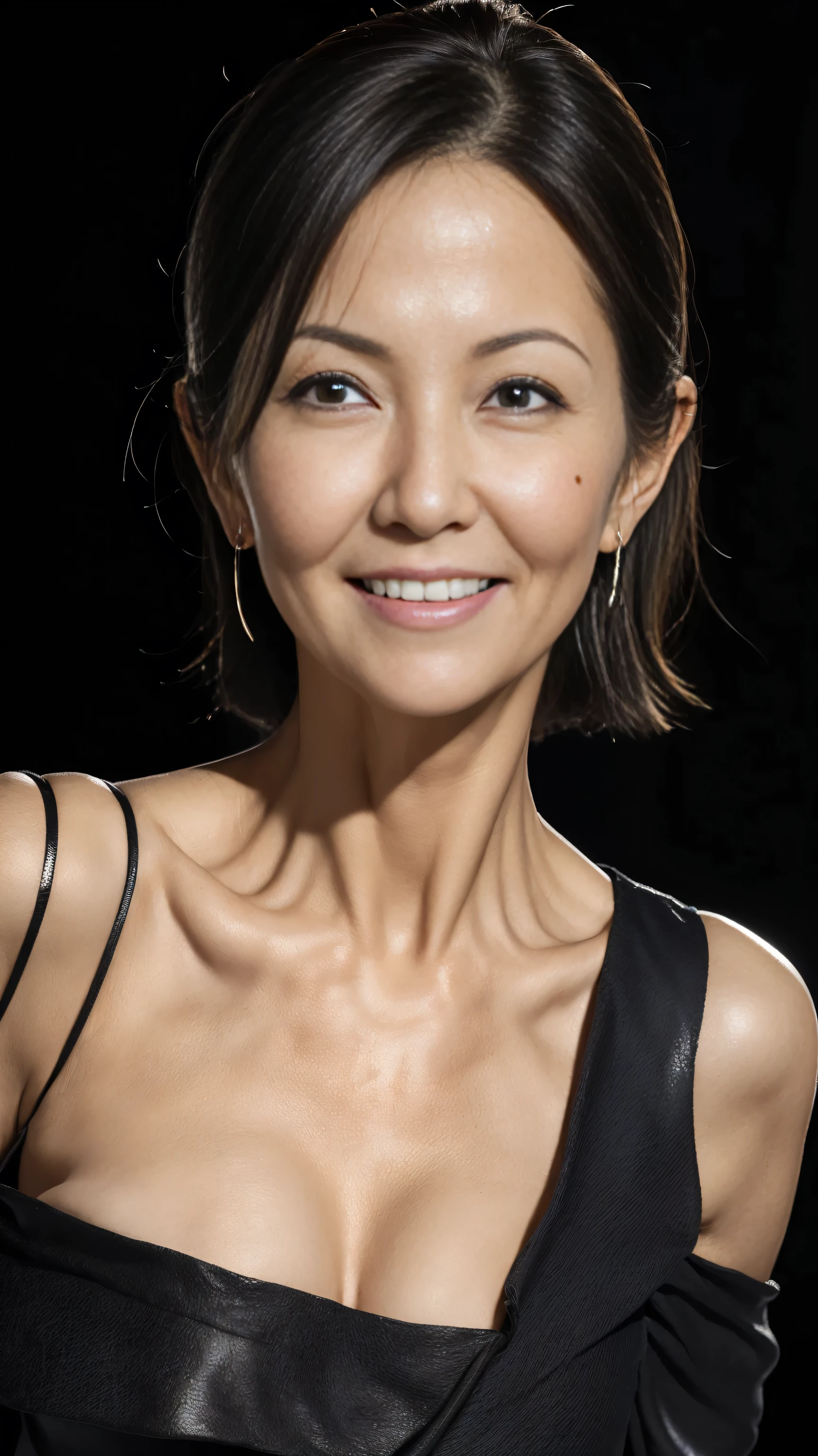 ((( best quality )), ((8k)), ((Masterpiece: 1.3)), ( photorealism: 1.6), (JMA), ( Portrait of a Japanese mature woman ), (Jet black background: 1.2), (Woman standing obliquely forward : 1.4), (65-year-old woman), (Perfect looks), (( realistic skin texture)), ( Fine lines all over the skin ), (Dullness), ( facial wrinkles), ( Wrinkles Around My Eyes ), double eyelids, Tear bags under the eyes , (Grimacing and laughing), short bang , short hair, ( loose one-shoulder elegant blouse: 1.2), ( face close-up),