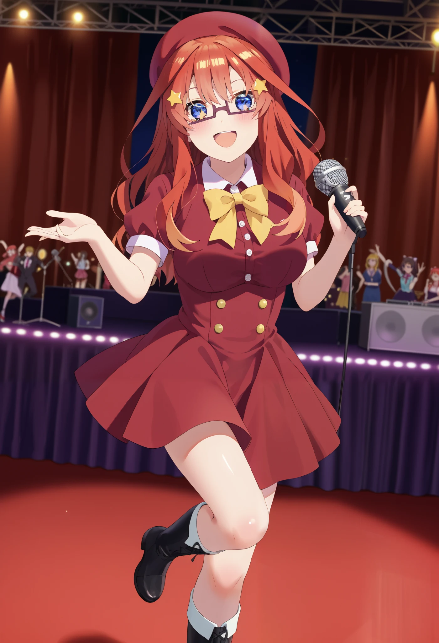 score_9, score_8_ up, score_7_ up, source_Anime, itsukinakano, Nakano Mizuki , bangs, blue eyes, hair between eyes , stupid hair, Red Hair,yellow star \(symbol\), hair ornament,yellow star hair ornament,Glasses,smile,blush, open your mouth,Big Breasts, idol costume, dress,collared dress, jacket ,cropped jacket ,Short sleeve,bowtie,bow,button, has ,beret,( white knee high:1.2),shoes, interior ,アイドル歌手がライブ stageで熱狂的に歌うシーンのイラスト. アイドル歌手が stage中央に立っている. Idol singers wear and boots . the idol singer is holding the microphone and singing . the idol singer's expression is serious and impressive . The singer's voice is strong and beautiful , stageの周りにはファンが集まる, The fans sing and dance with the idol singer ,whole bodyがイラストに入るように,
break looking at viewer,whole body,
break indoors, stage, concert, stage lights, stage, crowd,
break (masterpiece:1.2), best quality, high resolution, unity 8k wallpaper, (figure:0.8), ( Beautiful, detailed eyes :1.6), very detailed face , Perfect Lighting , highly detailed CG, (perfect hand, perfect anatomy),