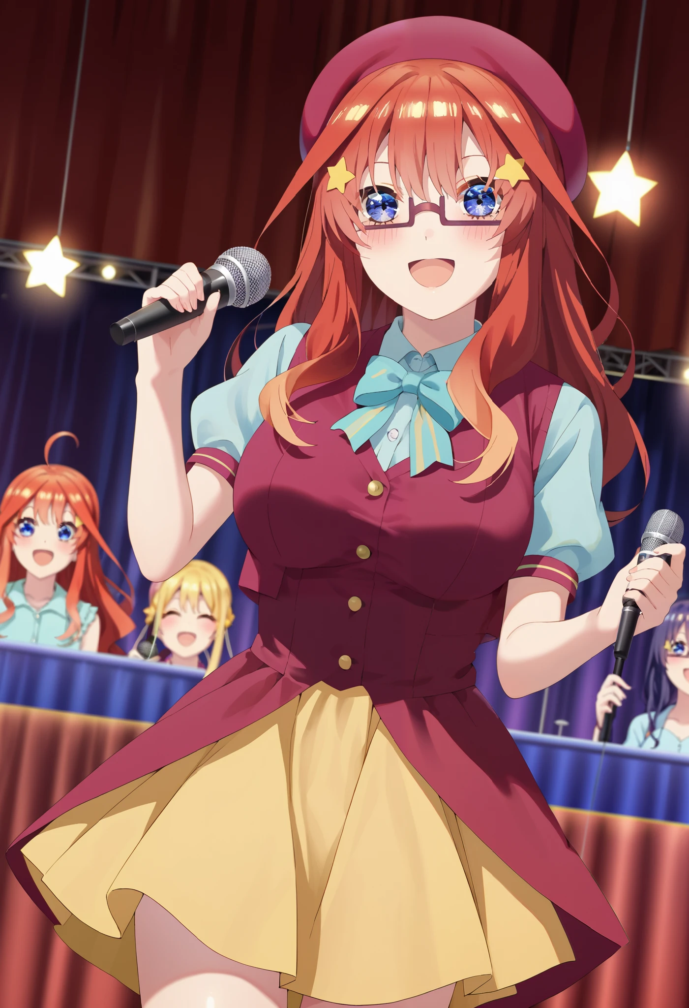 score_9, score_8_ up, score_7_ up, source_Anime, itsukinakano, Nakano Mizuki , bangs, blue eyes, hair between eyes , stupid hair, Red Hair,yellow star \(symbol\), hair ornament,yellow star hair ornament,Glasses,smile,blush, open your mouth,Big Breasts, idol costume, dress,collared dress, jacket ,cropped jacket ,Short sleeve,bowtie,bow,button, has ,beret,( white knee high:1.2),shoes, interior ,アイドル歌手がライブ stageで熱狂的に歌うシーンのイラスト. アイドル歌手が stage中央に立っている. Idol singers wear and boots . the idol singer is holding the microphone and singing . the idol singer's expression is serious and impressive . The singer's voice is strong and beautiful , stageの周りにはファンが集まる, The fans sing and dance with the idol singer ,whole bodyがイラストに入るように,
break looking at viewer,whole body,( cowboy shot:1. 5),
break indoors, stage, concert, stage lights, stage, crowd,
break (masterpiece:1.2), best quality, high resolution, unity 8k wallpaper, (figure:0.8), ( Beautiful, detailed eyes :1.6), very detailed face , Perfect Lighting , highly detailed CG, (perfect hand, perfect anatomy),
