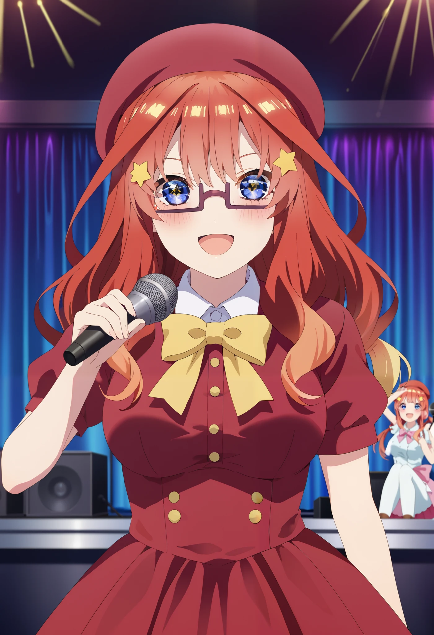 score_9, score_8_ up, score_7_ up, source_Anime, itsukinakano, Nakano Mizuki , bangs, blue eyes, hair between eyes , stupid hair, Red Hair,yellow star \(symbol\), hair ornament,yellow star hair ornament,Glasses,smile,blush, open your mouth,Big Breasts, idol costume, dress,collared dress, jacket ,cropped jacket ,Short sleeve,bowtie,bow,button, has ,beret,( white knee high:1.2),shoes, interior ,アイドル歌手がライブ stageで熱狂的に歌うシーンのイラスト. アイドル歌手が stage中央に立っている. Idol singers wear and boots . the idol singer is holding the microphone and singing . the idol singer's expression is serious and impressive . The singer's voice is strong and beautiful , stageの周りにはファンが集まる, The fans sing and dance with the idol singer ,whole bodyがイラストに入るように,
break looking at viewer,whole body,( cowboy shot:1. 5),
break indoors, stage, concert, stage lights, stage, crowd,
break (masterpiece:1.2), best quality, high resolution, unity 8k wallpaper, (figure:0.8), ( Beautiful, detailed eyes :1.6), very detailed face , Perfect Lighting , highly detailed CG, (perfect hand, perfect anatomy),