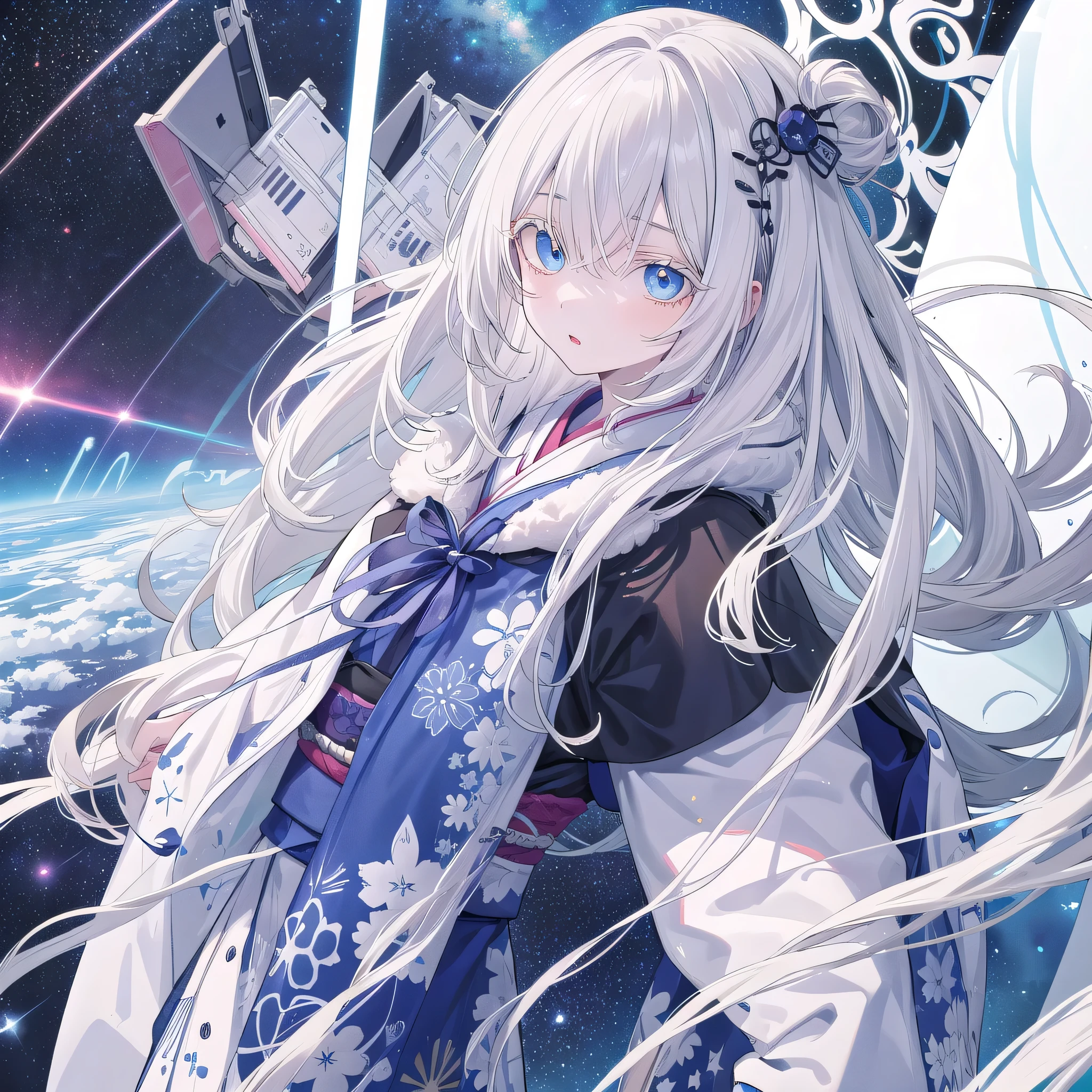  1girl ,(( best quality )), ((  very detailed on trends )), Masterpiece, ( detailed eyes, Deep Eyes), Cape, albino, Gray Hair,  long hair,Unique hairstyle、 Blue Eyes ,  eyelash ,  I have very white skin, Space pattern goth kimono 、