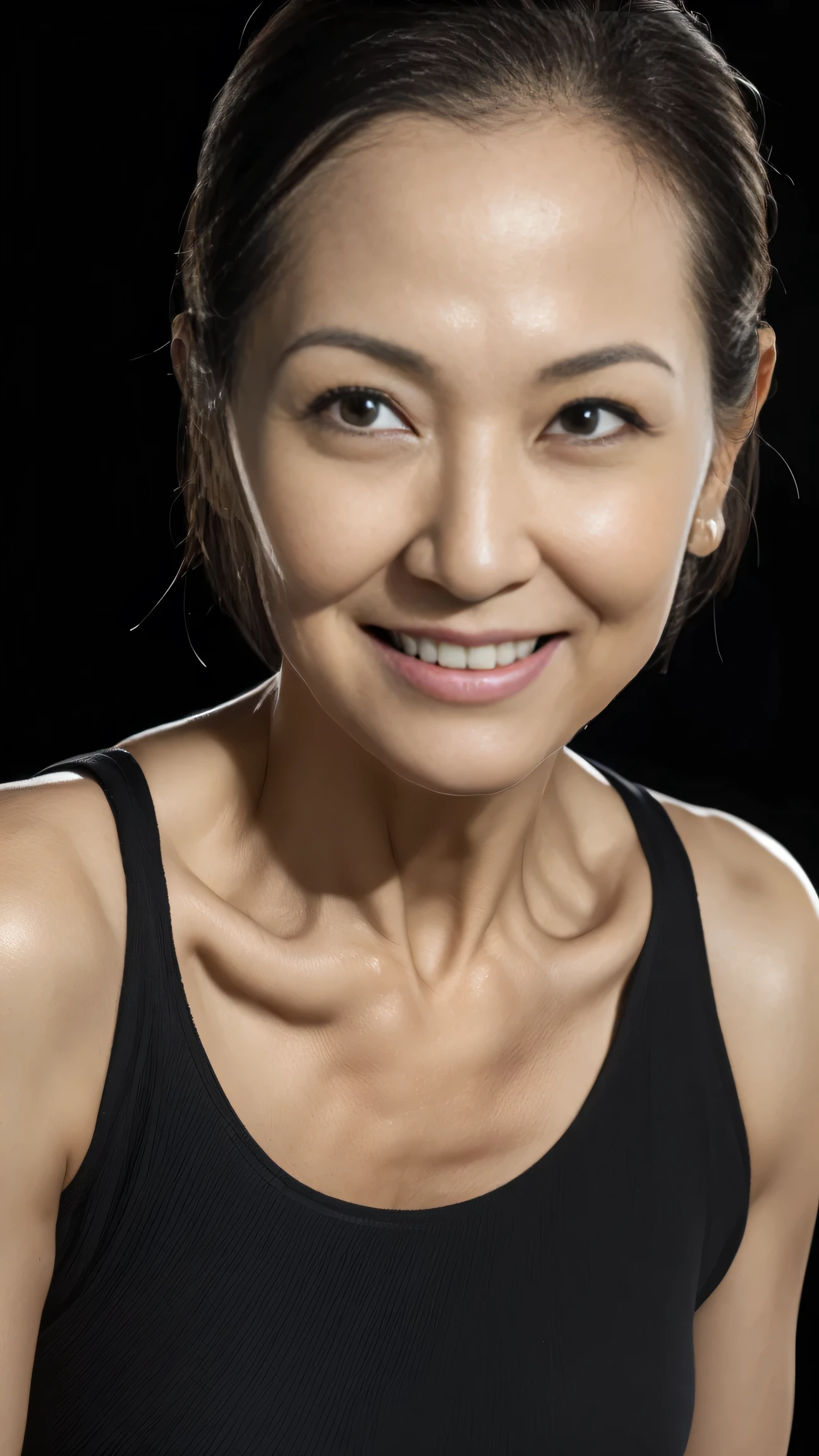 ((( best quality )), ((8k)), ((Masterpiece: 1.3)), ( photorealism: 1.6), (JMA), ( Portrait of a Japanese mature woman ), (Jet black background: 1.2), (Woman standing obliquely forward : 1.4), (65-year-old woman), (Perfect looks), (( realistic skin texture)), ( Fine lines all over the skin ), (Dullness), ( facial wrinkles), ( Wrinkles Around My Eyes ), double eyelids, Tear bags under the eyes , (Grimacing and laughing),  short bang ,  short hair, ( spacious tank top: 1.2), ( face close-up),(( chest is visible))