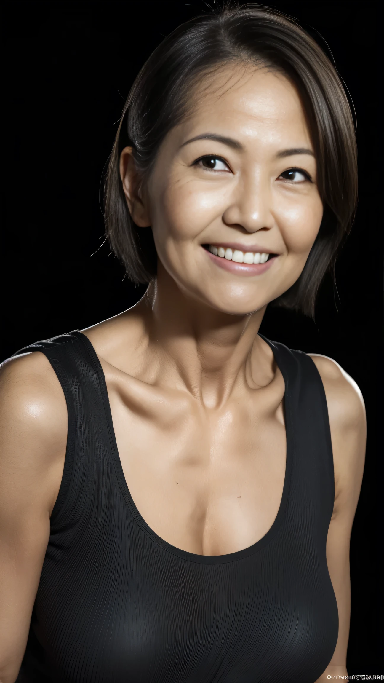 ((( best quality )), ((8k)), ((Masterpiece: 1.3)), ( photorealism: 1.6), (JMA), ( Portrait of a Japanese mature woman ), (Jet black background: 1.2), (Woman standing obliquely forward : 1.4), (65-year-old woman), (Perfect looks), (( realistic skin texture)), ( Fine lines all over the skin ), (Dullness), ( facial wrinkles), ( Wrinkles Around My Eyes ), double eyelids, Tear bags under the eyes , (Grimacing and laughing), short bang , short hair, ( spacious tank top: 1.2), ( face close-up),(( chest is visible))