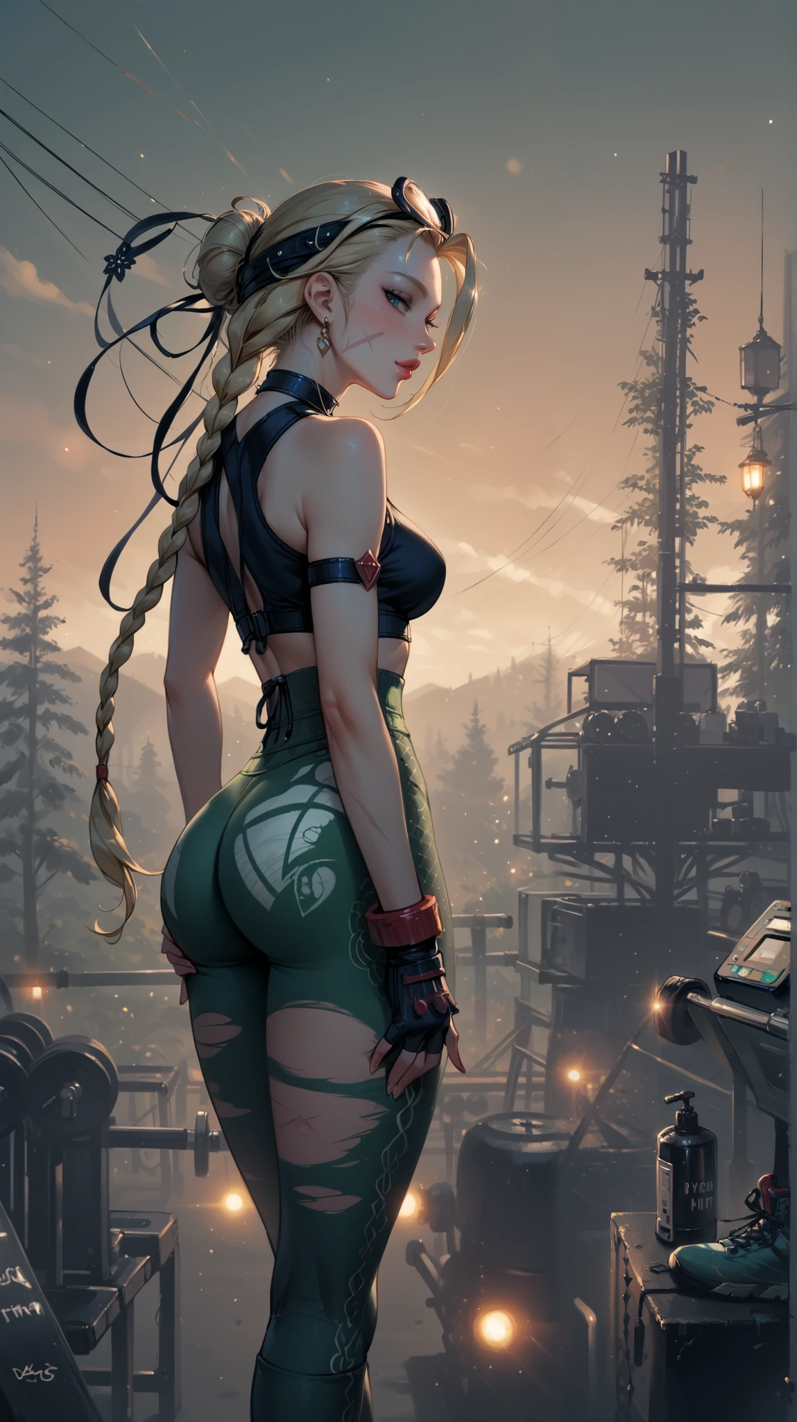Темное fantasy арт_9, score_8_up, score_7_up, rating_ questionable , fantasy, lighting, epiCPhoto, 1girl, very sexy (cammySDXL, blond hair, long hair , double braids , scar on face:1.1), beautiful waifu, yogapants, Dark green yoga pants, standing in the gym, Long legs, Sneakers, round ass, thick, ( hands on buttocks, buttock lift:1.3), One, Cute, , sight, страстный sight, half-closed eyes , head tilt , full lips, thick lips, makeup, photoshoot, sexy pose, Dark, capricious, Dark fantasy style. spread anus
