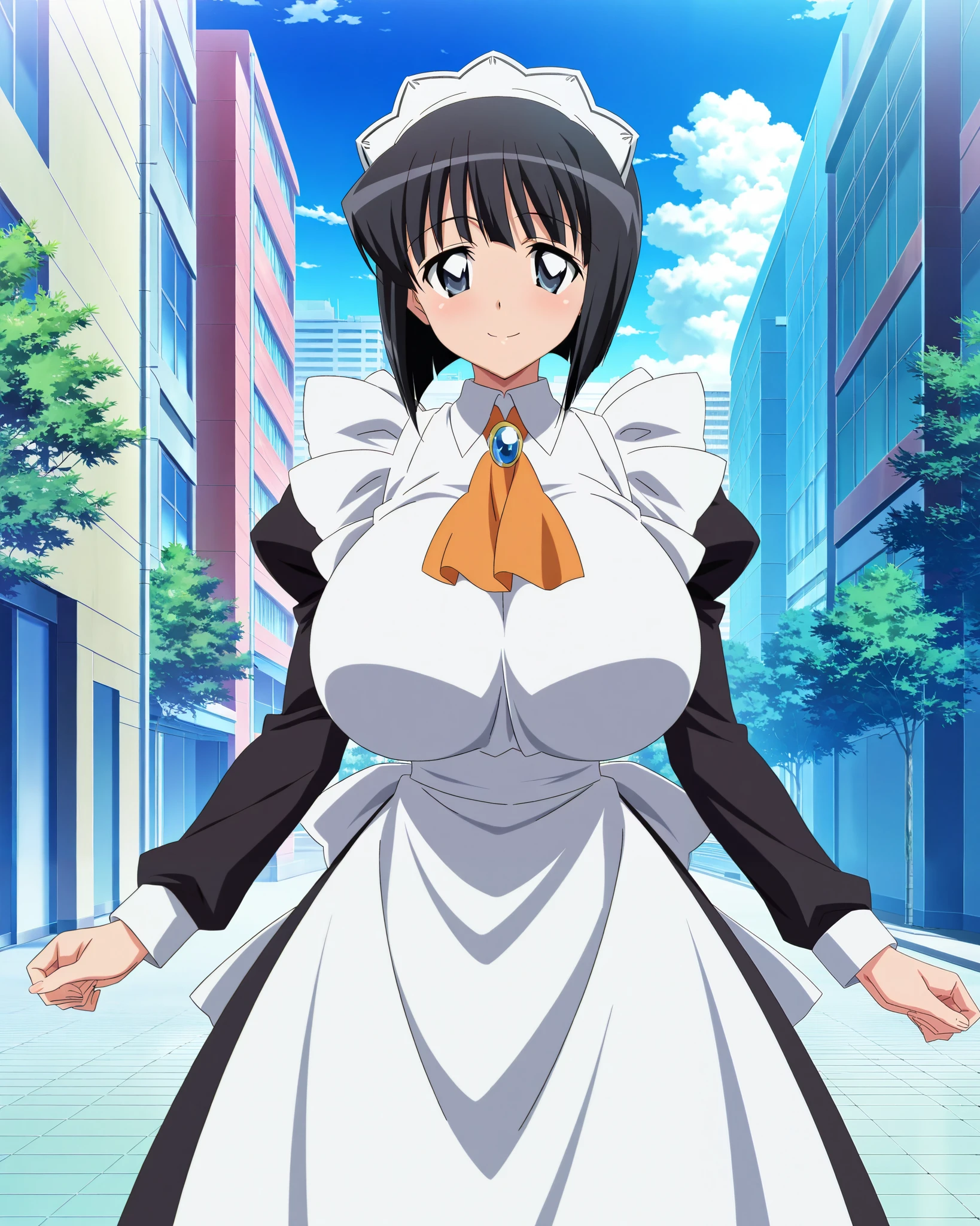 score_9, score_8_up, score_7_up, source_anime, anime coloring, anime screencap, 1 girl, alone, Siesta (zero no tsukaima), black hair, short hair, black eyes, big eyes, excited smile, white beautiful skin, gigantic breasts, bouncing breasts, standing, looking at viewer, slim body, cowboy shot, dynamic pose, Victorian maid uniform, black long sleeves, orange tie, blue gem, maid apron, frills, maid headdress, long dress, outdoors, Tokyo city