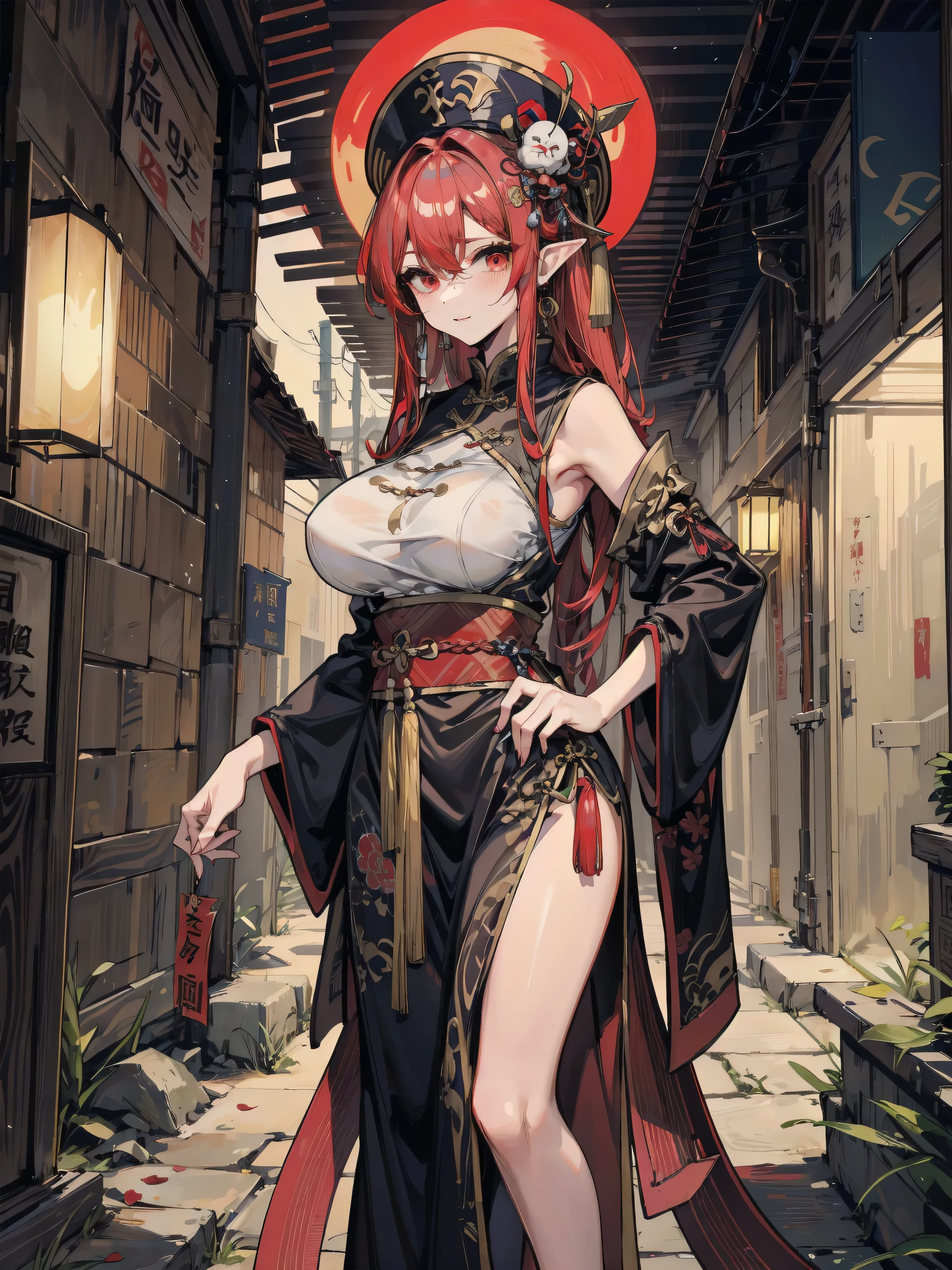 highres, shadows, absurdres, best_quality, ultra_detailed, 8k, extremely_clear, photograph, beautiful, beautiful face, sharp focus, hdr, 1girl, clean eyes, wide-eyed,background of a japanese small old town street with paper lanterns, at midnight, background darker then the girl in front, beautiful face, small puffy breasts (puffy small firm breast, very red areola, standing ,very seductive pose,red very long hair, very young, horns, white wedding dress, ponytail, large bare midriff, no bra, naked, no horns, bare breast