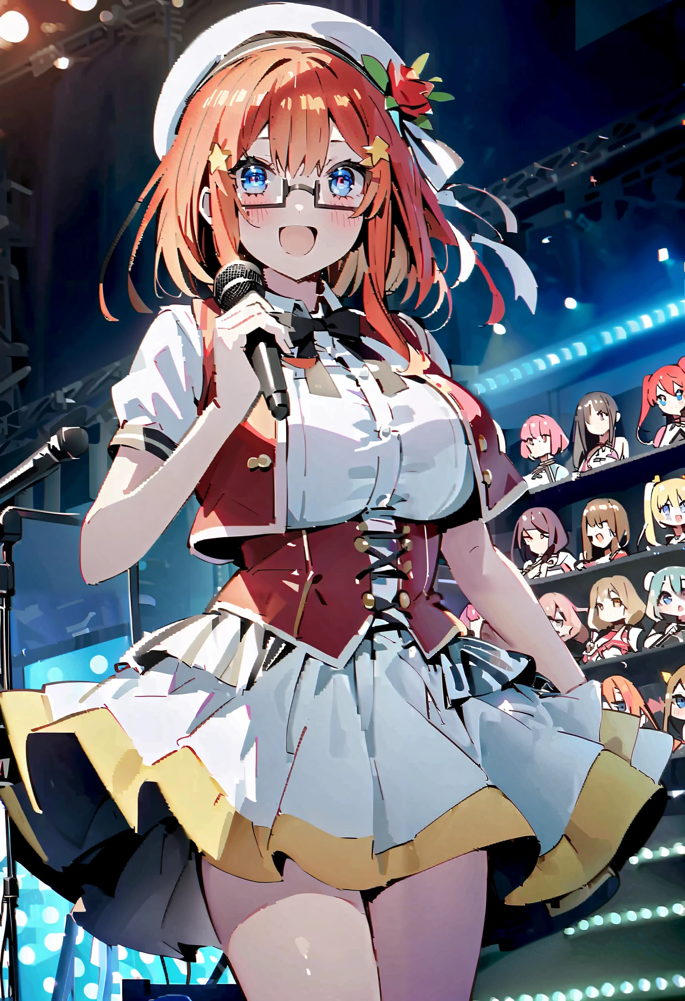 score_9, score_8_ up, score_7_ up, source_Anime, itsukinakano, Nakano Mizuki , bangs, blue eyes, hair between eyes , stupid hair, Red Hair,yellow star \(symbol\), hair ornament,yellow star hair ornament,Glasses,smile,blush, open your mouth,Big Breasts, idol costume, dress,collared dress, jacket ,cropped jacket ,Short sleeve,bowtie,bow,button, has ,beret,( white knee high:1.2),shoes, interior ,アイドル歌手がライブ stageで熱狂的に歌うシーンのイラスト. アイドル歌手が stage中央に立っている. Idol singers wear and boots . the idol singer is holding the microphone and singing . the idol singer's expression is serious and impressive . The singer's voice is strong and beautiful , stageの周りにはファンが集まる, The fans sing and dance with the idol singer ,whole bodyがイラストに入るように,
break looking at viewer,whole body,( cowboy shot:1. 5),
break indoors, stage, concert, stage lights, stage, crowd,
break (masterpiece:1.2), best quality, high resolution, unity 8k wallpaper, (figure:0.8), ( Beautiful, detailed eyes :1.6), very detailed face , Perfect Lighting , highly detailed CG, (perfect hand, perfect anatomy),