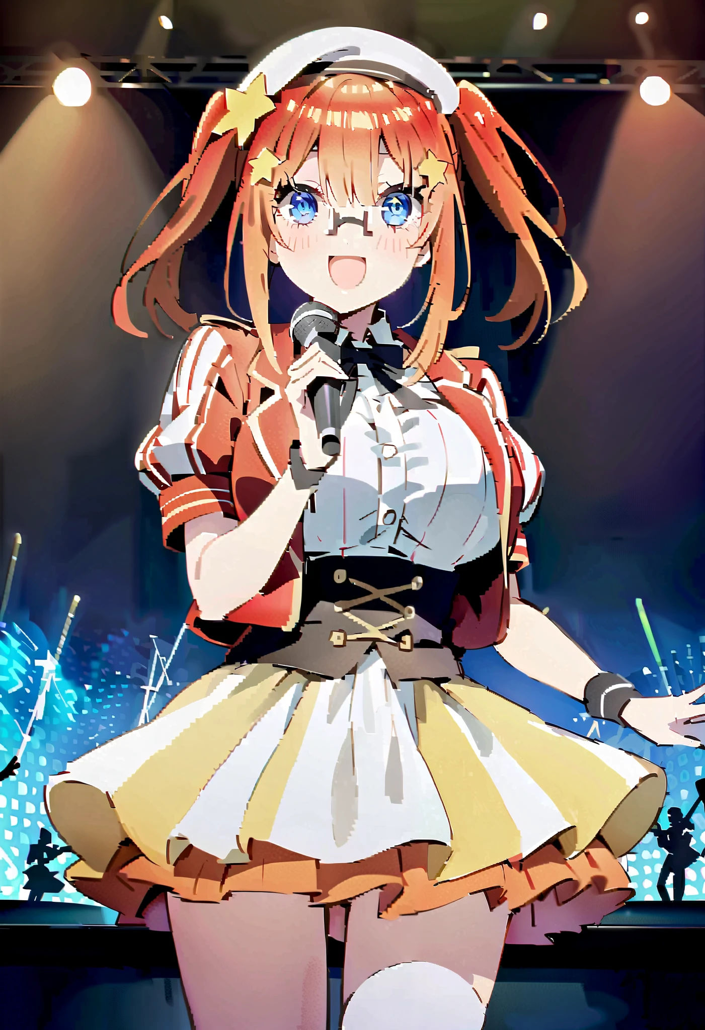  score_9,  score_8_ up,  score_7_ up,  source_Anime, itsukinakano, Nakano Mizuki , bangs, blue eyes,  hair between eyes , stupid hair, Red Hair,yellow star  \(symbol\),  hair ornament,yellow star   hair ornament,Glasses,smile,blush, open your mouth,Big Breasts, idol costume, dress,collared  dress, jacket ,cropped  jacket ,Short sleeve,bowtie,bow,button, has ,beret,( white knee high:1.2),shoes, interior ,アイドル歌手がライブ stageで熱狂的に歌うシーンのイラスト. アイドル歌手が stage中央に立っている. Idol singers wear  and boots .  the idol singer is holding the microphone and singing .  the idol singer's expression is serious and impressive . The singer's voice is strong and beautiful , stageの周りにはファンが集まる, The fans sing and dance with the idol singer ,whole bodyがイラストに入るように,
break looking at viewer,whole body,( cowboy shot:1. 5),
break indoors, stage, concert,  stage lights,  stage, crowd,
break (masterpiece:1.2),  best quality,  high resolution, unity 8k wallpaper, (figure:0.8), ( Beautiful, detailed eyes :1.6),   very detailed face ,  Perfect Lighting ,   highly detailed CG, (perfect hand,  perfect anatomy),