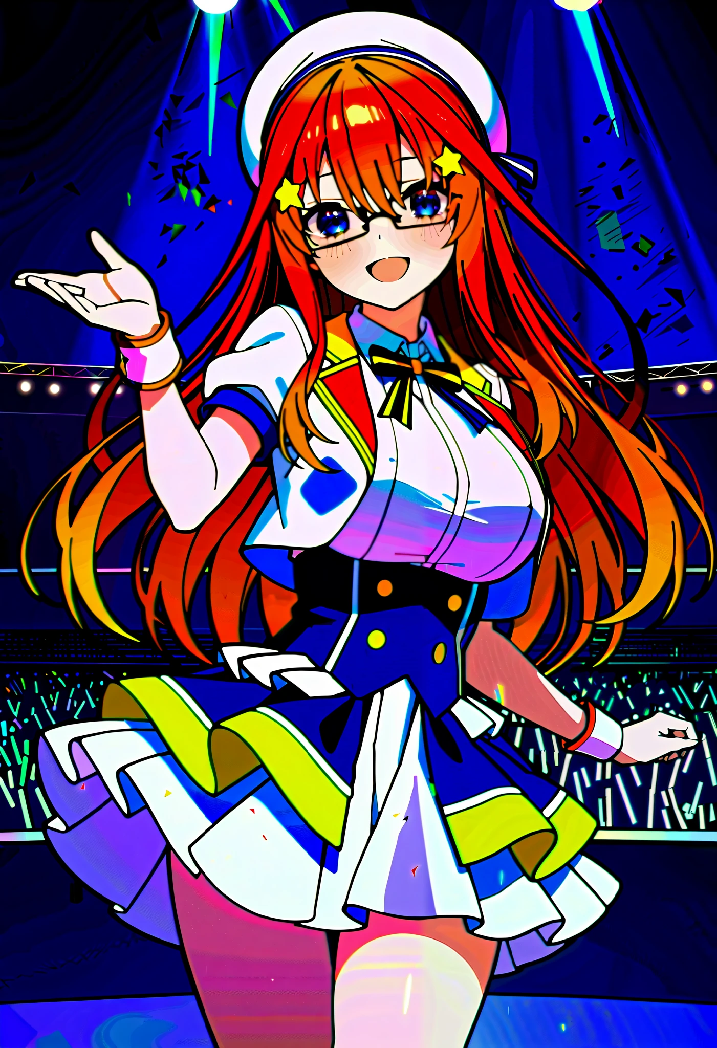 score_9,  score_8_ up,  score_7_ up,  source_Anime, itsukinakano, Nakano Mizuki , bangs, blue eyes,  hair between eyes , stupid hair, Red Hair,yellow star  \(symbol\),  hair ornament,yellow star   hair ornament,Glasses,smile,blush, open your mouth,Big Breasts, idol costume, dress,collared  dress, jacket ,cropped  jacket ,Short sleeve,bowtie,bow,button, has ,beret,( white knee high:1.2),shoes, interior ,アイドル歌手がライブ stageで熱狂的に歌うシーンのイラスト. アイドル歌手が stage中央に立っている. Idol singers wear  and boots .  the idol singer is holding the microphone and singing .  the idol singer's expression is serious and impressive . The singer's voice is strong and beautiful , stageの周りにはファンが集まる, The fans sing and dance with the idol singer ,whole bodyがイラストに入るように,
break looking at viewer,whole body,( cowboy shot:1. 5),
break indoors, stage, concert,  stage lights,  stage, crowd,
break (masterpiece:1.2),  best quality,  high resolution, unity 8k wallpaper, (figure:0.8), ( Beautiful, detailed eyes :1.6),   very detailed face ,  Perfect Lighting ,   highly detailed CG, (perfect hand,  perfect anatomy),