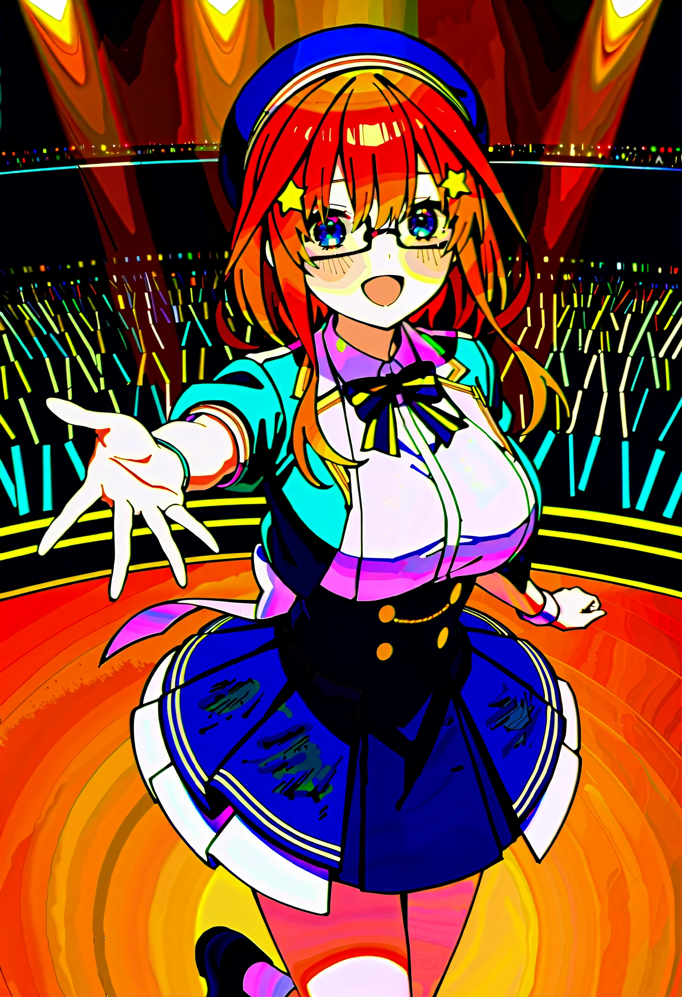 score_9, score_8_ up, score_7_ up, source_Anime, itsukinakano, Nakano Mizuki , bangs, blue eyes, hair between eyes , stupid hair, Red Hair,yellow star \(symbol\), hair ornament,yellow star hair ornament,Glasses,smile,blush, open your mouth,Big Breasts, idol costume, dress,collared dress, jacket ,cropped jacket ,Short sleeve,bowtie,bow,button, has ,beret,( white knee high:1.2),shoes, interior ,アイドル歌手がライブ stageで熱狂的に歌うシーンのイラスト. アイドル歌手が stage中央に立っている. Idol singers wear and boots . the idol singer is holding the microphone and singing . the idol singer's expression is serious and impressive . The singer's voice is strong and beautiful , stageの周りにはファンが集まる, The fans sing and dance with the idol singer ,whole bodyがイラストに入るように,
break looking at viewer,whole body,( cowboy shot:1. 5),
break indoors, stage, concert, stage lights, stage, crowd,
break (masterpiece:1.2), best quality, high resolution, unity 8k wallpaper, (figure:0.8), ( Beautiful, detailed eyes :1.6), very detailed face , Perfect Lighting , highly detailed CG, (perfect hand, perfect anatomy),