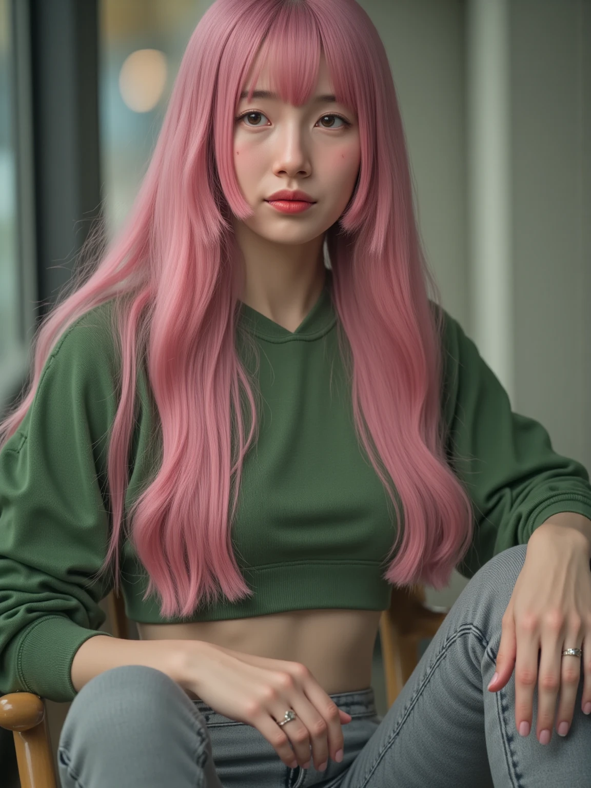 {a young woman with long pink hair, pink anime eyes. She is wearing a large light blue sweater,  yes face is beautiful, her face is super cute, her face is super pretty, his face is super cute,((a green skirt)) and black stockings. He has blue headphones on., with a thoughtful and slightly worried expression. The young woman stands with her body slightly leaning forward, looking down at the viewer, shyly . His pose denotes a state of reflection and perhaps a slight uncertainty..}

