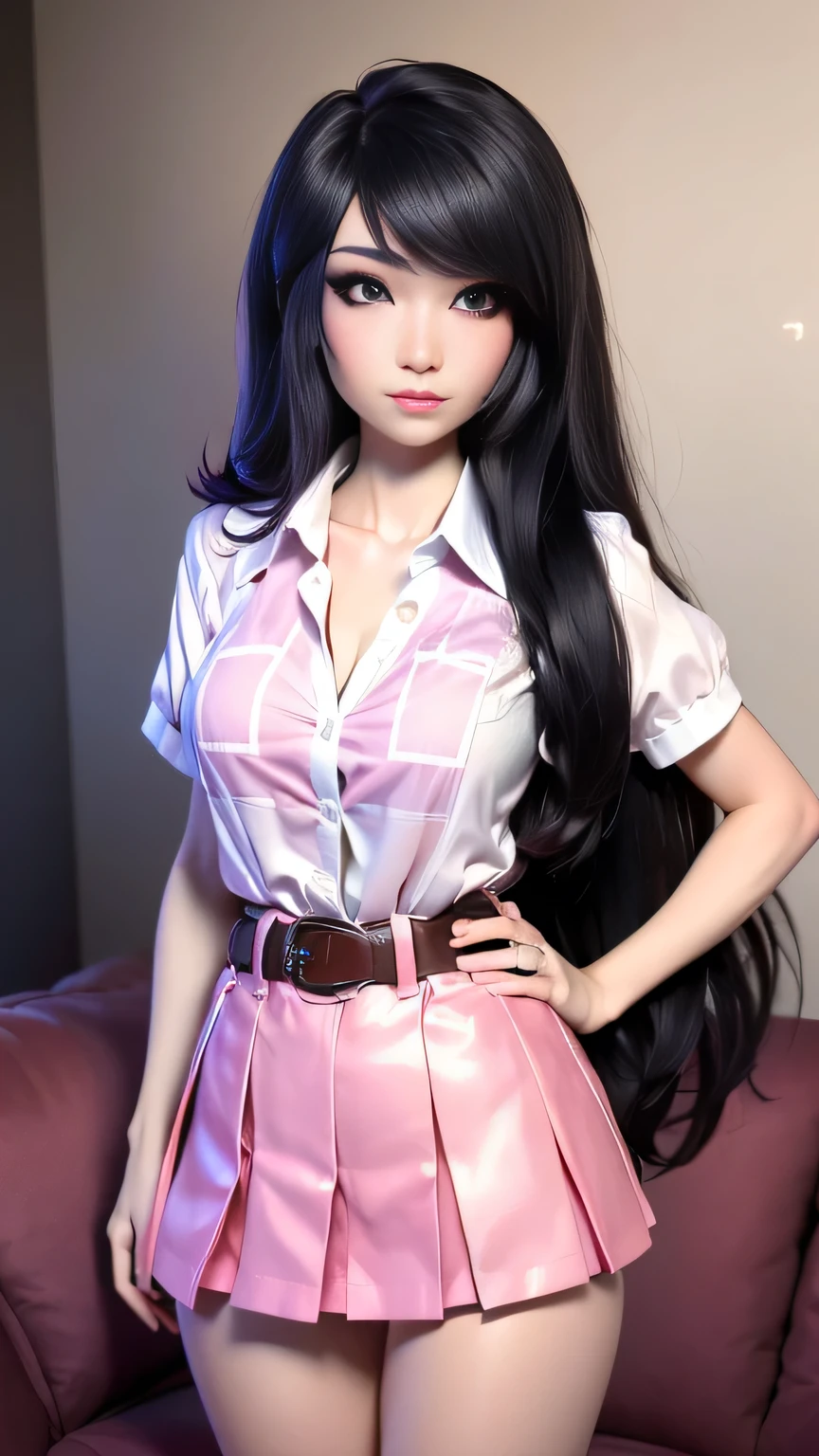 1girl in, photo of Emiru, RAW, beautiful woman, ((full body portrait, detailed face:1.2)), (long black hair, straight black hair), ((detailed facial feature, detailed skin, clear skin), (perfect proportioned body, runners body, thin hips, thin waist, skinny, petite, detailed skin texture), (wearing a short sleeve button down white blouse, unbuttoned, (short pleated skirt pink:1.15), school girl uniform, (detailed living room background:1.1), on a couch, chilling, (realistic photo, best quality, detailed), (8k wallpaper), (cinematic lighting, dramatic lighting), (sharp focus, intricate) high quality, film grain, Fujifilm XT3 sharp focus, f 5.6, 50mm, High Detail, Sharp focus,(natural light), crazy details, complex details, hyper detailed. (cowboy photo:1.2), light particles, sfw