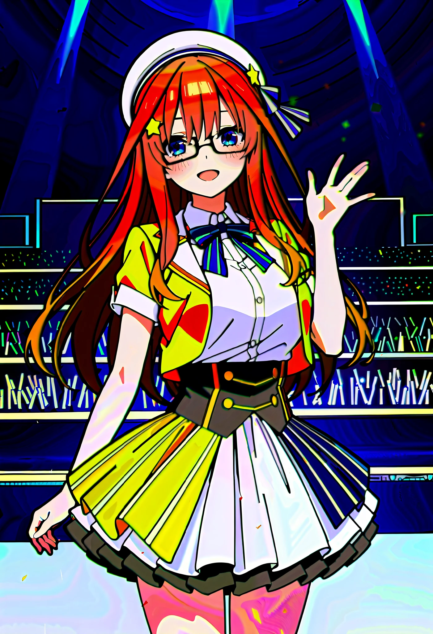 score_9, score_8_ up, score_7_ up, source_Anime, itsukinakano, Nakano Mizuki , bangs, blue eyes, hair between eyes , stupid hair, Red Hair,yellow star \(symbol\), hair ornament,yellow star hair ornament,Glasses,smile,blush, open your mouth,Big Breasts, idol costume, dress,collared dress, jacket ,cropped jacket ,Short sleeve,bowtie,bow,button, has ,beret,( white knee high:1.2),shoes, interior ,アイドル歌手がライブ stageで熱狂的に歌うシーンのイラスト. アイドル歌手が stage中央に立っている. Idol singers wear and boots . the idol singer is holding the microphone and singing . the idol singer's expression is serious and impressive . The singer's voice is strong and beautiful , stageの周りにはファンが集まる, The fans sing and dance with the idol singer ,whole bodyがイラストに入るように,
break looking at viewer,whole body,( cowboy shot:1. 5),
break indoors, stage, concert, stage lights, stage, crowd,
break (masterpiece:1.2), best quality, high resolution, unity 8k wallpaper, (figure:0.8), ( Beautiful, detailed eyes :1.6), very detailed face , Perfect Lighting , highly detailed CG, (perfect hand, perfect anatomy),
