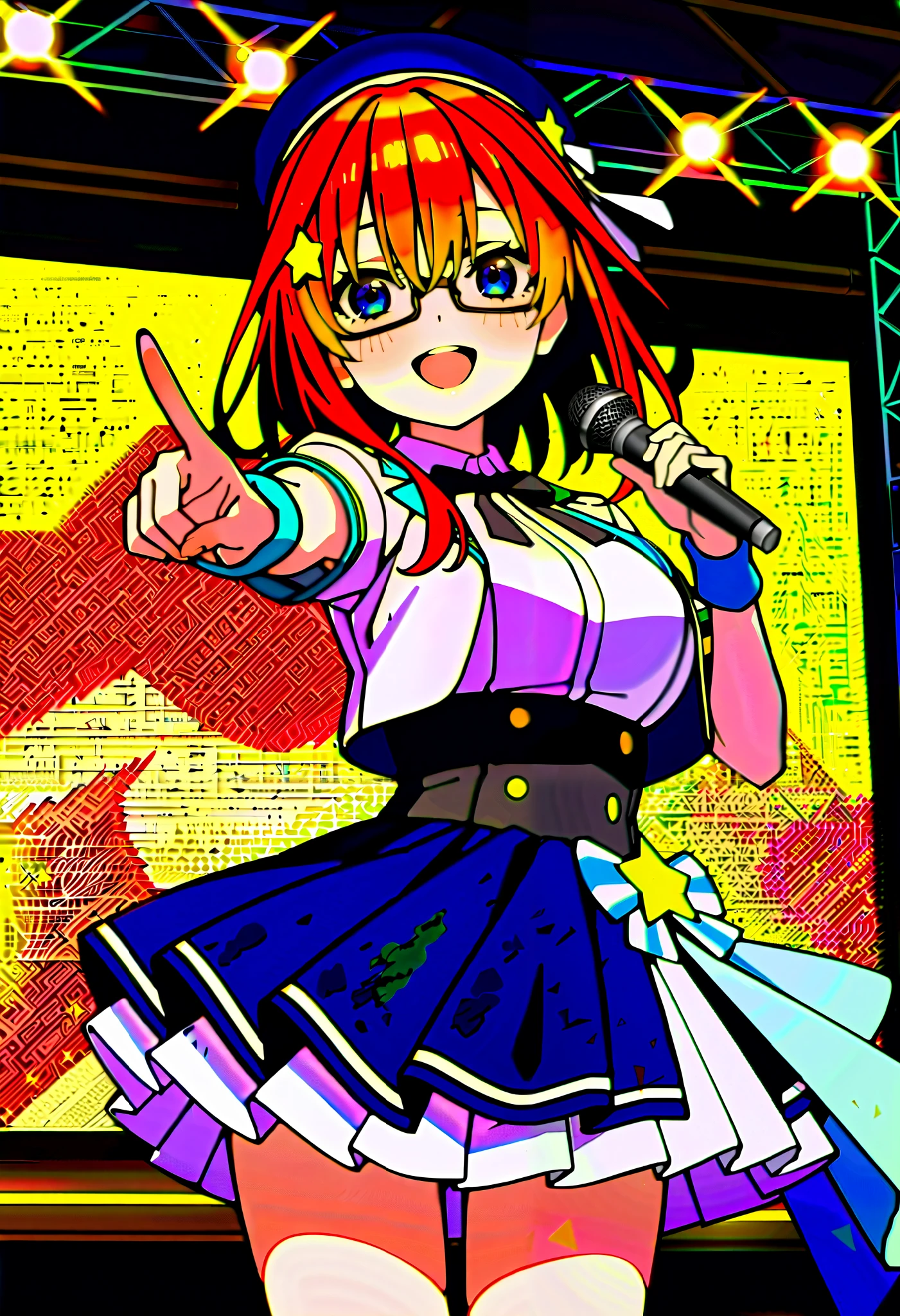 score_9, score_8_ up, score_7_ up, source_Anime, itsukinakano, Nakano Mizuki , bangs, blue eyes, hair between eyes , stupid hair, Red Hair,yellow star \(symbol\), hair ornament,yellow star hair ornament,Glasses,smile,blush, open your mouth,Big Breasts, idol costume, dress,collared dress, jacket ,cropped jacket ,Short sleeve,bowtie,bow,button, has ,beret,( white knee high:1.2),shoes, interior ,アイドル歌手がライブ stageで熱狂的に歌うシーンのイラスト. アイドル歌手が stage中央に立っている. Idol singers wear and boots . the idol singer is holding the microphone and singing . the idol singer's expression is serious and impressive . The singer's voice is strong and beautiful , stageの周りにはファンが集まる, The fans sing and dance with the idol singer ,whole bodyがイラストに入るように,
break looking at viewer,whole body,( cowboy shot:1. 5),
break indoors, stage, concert, stage lights, stage, crowd,
break (masterpiece:1.2), best quality, high resolution, unity 8k wallpaper, (figure:0.8), ( Beautiful, detailed eyes :1.6), very detailed face , Perfect Lighting , highly detailed CG, (perfect hand, perfect anatomy),