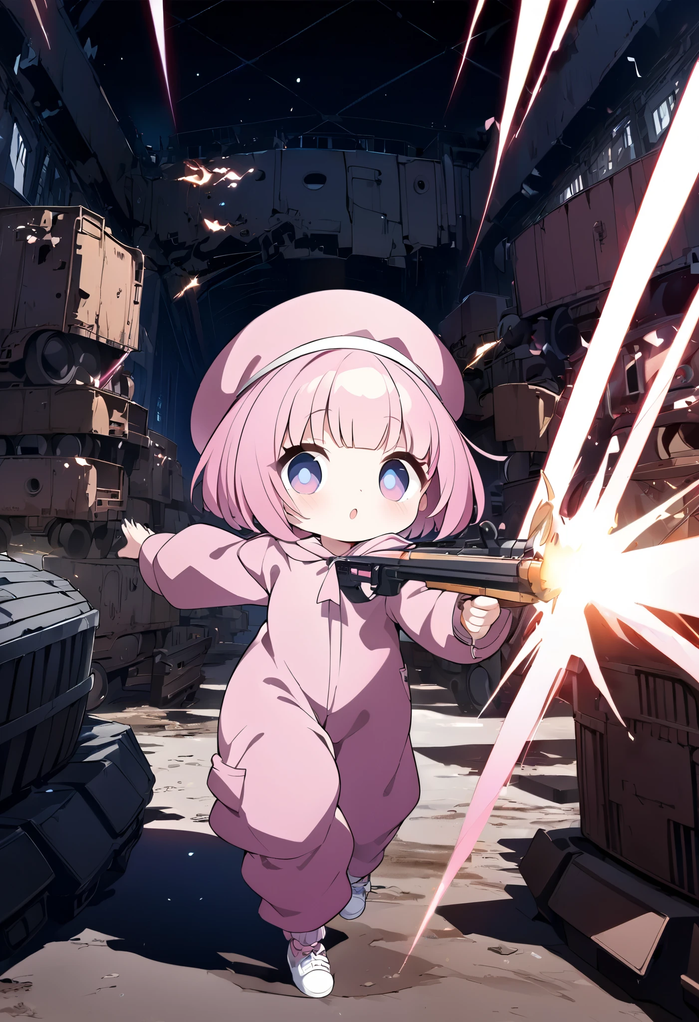 kawaii chibi character girl, running while firing a pink submachine gun, pink bob haircut, cute big round eyes, wearing baggy pink jumpsuit, baggy pink beret, background wilderness, rusty freight cars, conceptual installation art, various effects, delicate and dynamic textures, contrasts of light and shadow, 2.5D, digital graphic CG, BREAK ultra detailed, absolutely resolution, best quality