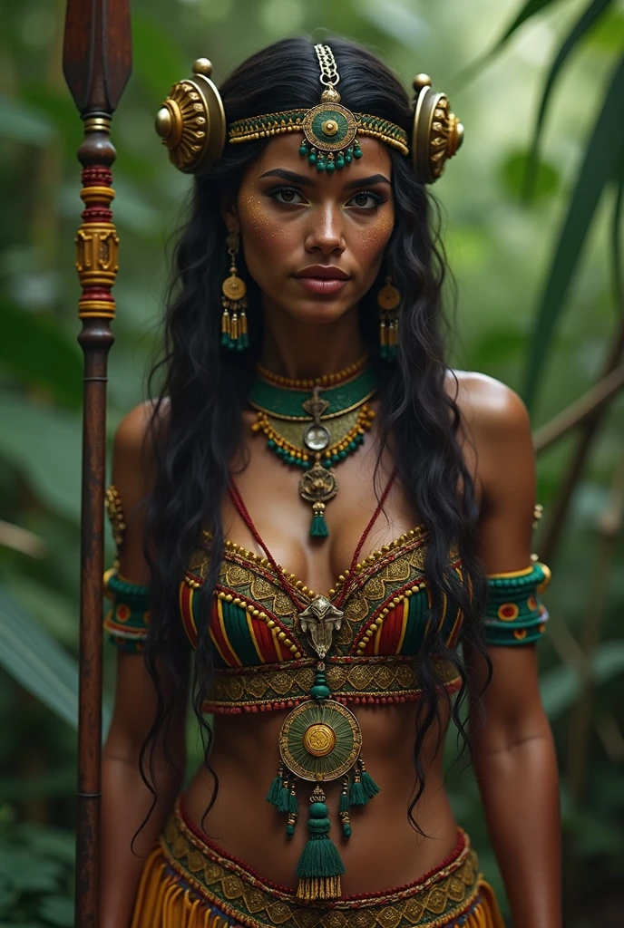 "Create a masterpiece of an erotic and mysterious scene set in a breathtaking Amazon village with numerous beautiful warrior women and multiple huts. The focus is on one highlighted warrior wearing an Amazon warrior outfit. She is turned around, allowing you to see her backside, and is looking over her shoulder seductively, making deep eye contact with the camera. Her slender, sexy body features perfect teardrop-shaped breasts and a perfectly round booty. She approaches you with a beautiful smile and invites you to enter their hut."