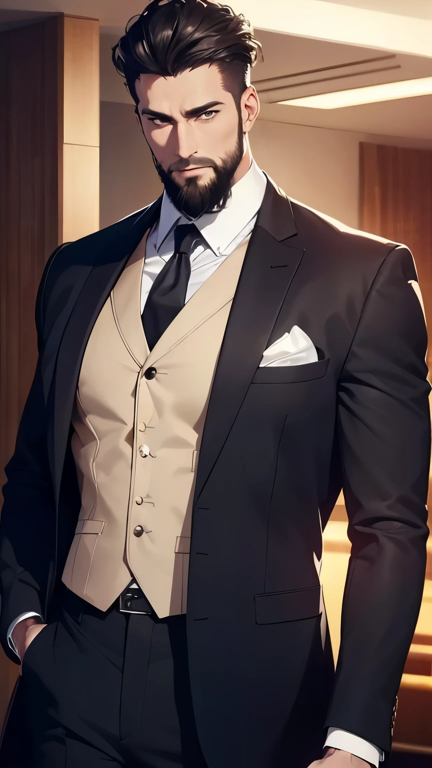 ( best quality,4K,8k, highres, masterpiece :1.2), ultra-detailed ,(realistic,photorealistic,photo-realistic:1.37),34 years old, man,3 day beard,Beautiful anime,Portraits,strong,Masculine, dark haired ,sharp jaw, mesmerizing eyes , perfectly combed hair,cool anime outfit, Confident expression ,vibrant colors, dynamic lighting , Expression smile in love. ((CEO)), wearing sophisticated high standard suits in various colors. seductive smile . Inside your highly planned office.