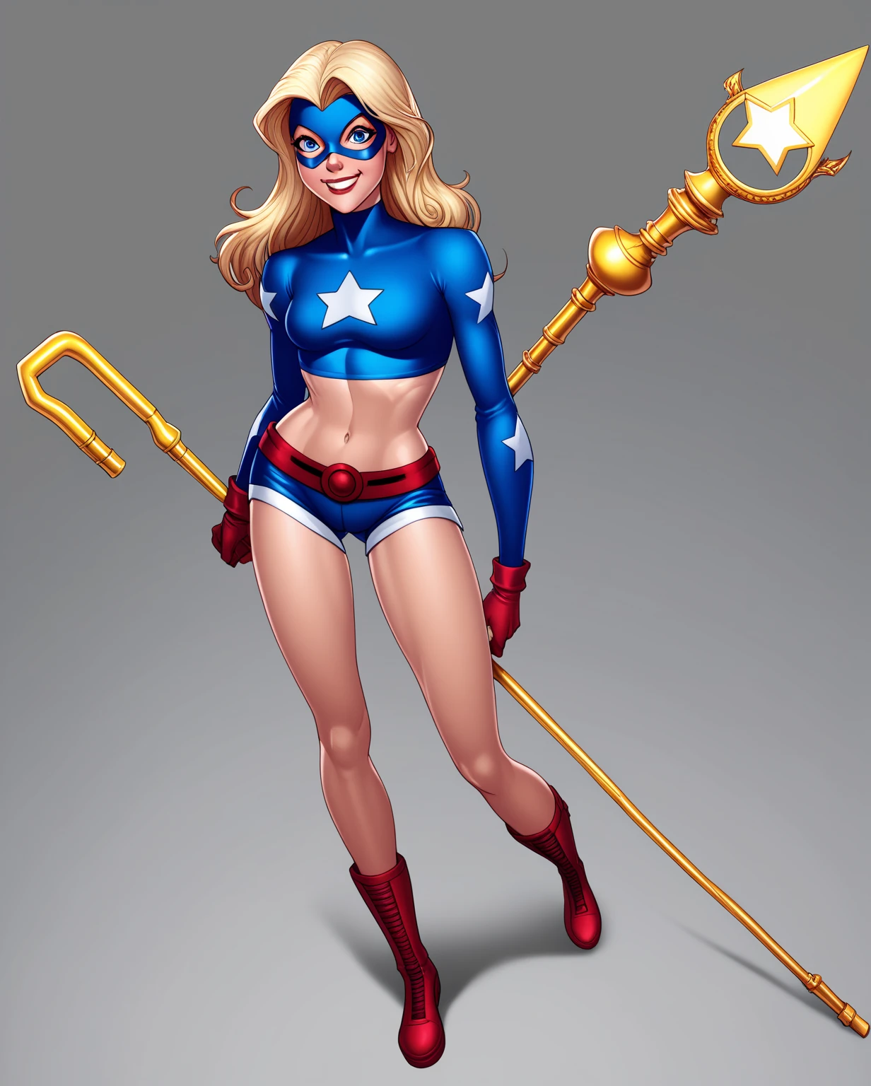 <lora:stargirl_DC_v1:0.6>,(stargirl_dc:1.1),solo,blue_eyes,blonde_hair,long_blonde_hair BREAK [SEP],
(star_shaped_cleavage_cutout:1.2) BREAK [SEP],
staff,holding_staff,golden_staff,holding_golden_staff BREAK [SEP],
knee_boots,blue_footwear BREAK [SEP],
(revealed_cleavage,exposed_medium_breasts,navel,colarbone,covered_nipples:1.2) BREAK [SEP],
(ambient_lighting:1.1),(ultra_realistic,32k,RAW_photo:1.1),(high_detailed_skin:1.1),8k_uhd,dslr BREAK [SEP],
high_quality,film_grain,(shiny_glossy_translucent_clothing:1.1) BREAK [SEP],
full_shot,looking_at_viewer_seductively,flirty_smile,naughty_face,simple_background,(insanely_detailed,best_quality,masterpiece,photorealistic:1.3),