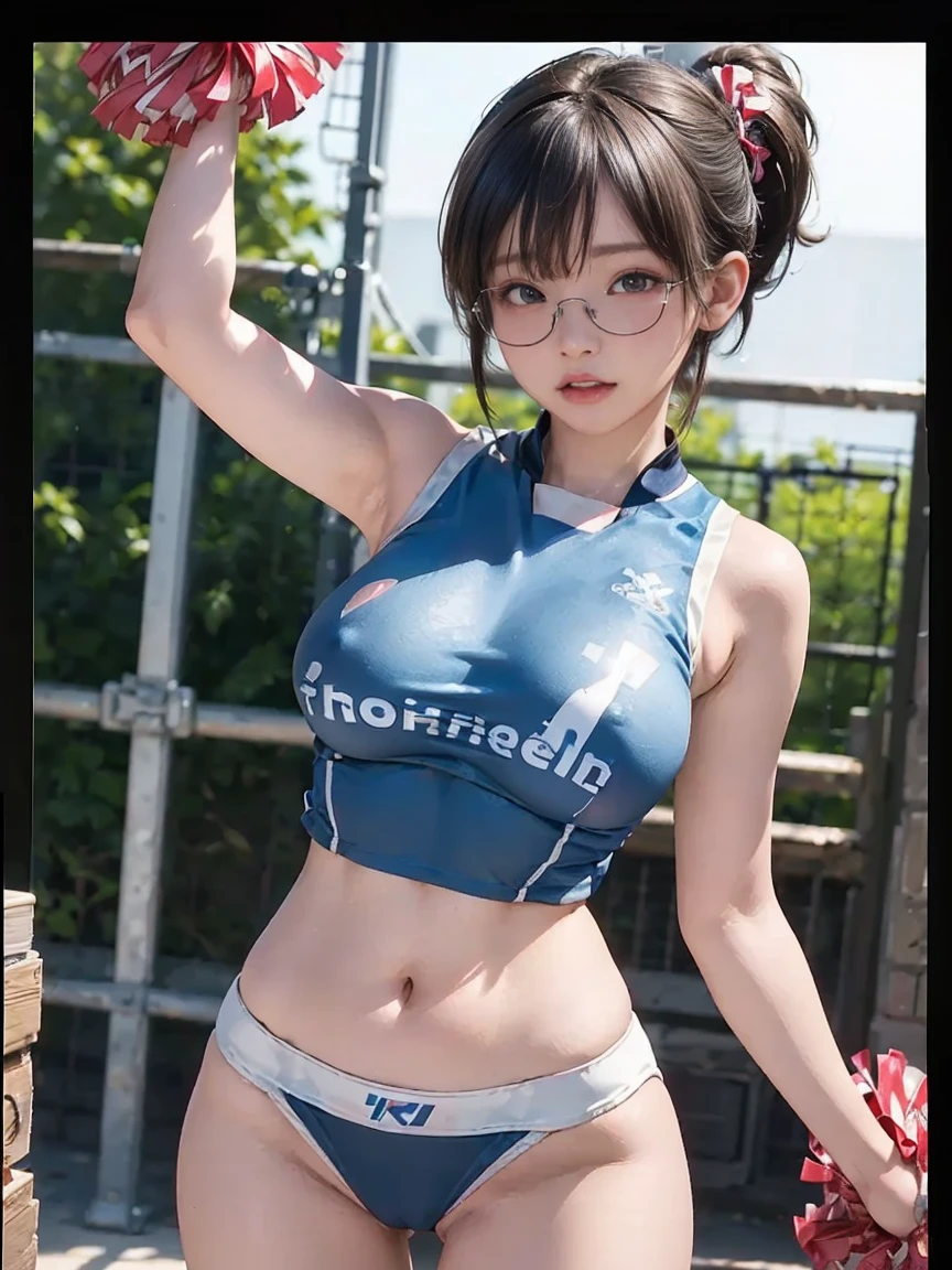 Squatting!、dynamicposes、legs spread out、eye glasses、darkskin、Adidas Logo、(lightsmile:1.07),cyberpunked、Sleeveless、(Shiny colorful beach volleyball costume)、(magazine:1.3), (cover-style:1.3),(Dripping wet body:1.15)、Hands behind your back(FULL BODYSHOT)、((masterpiece))、 super fine face and eyes,Colorful Korean Idol Hairstyles,