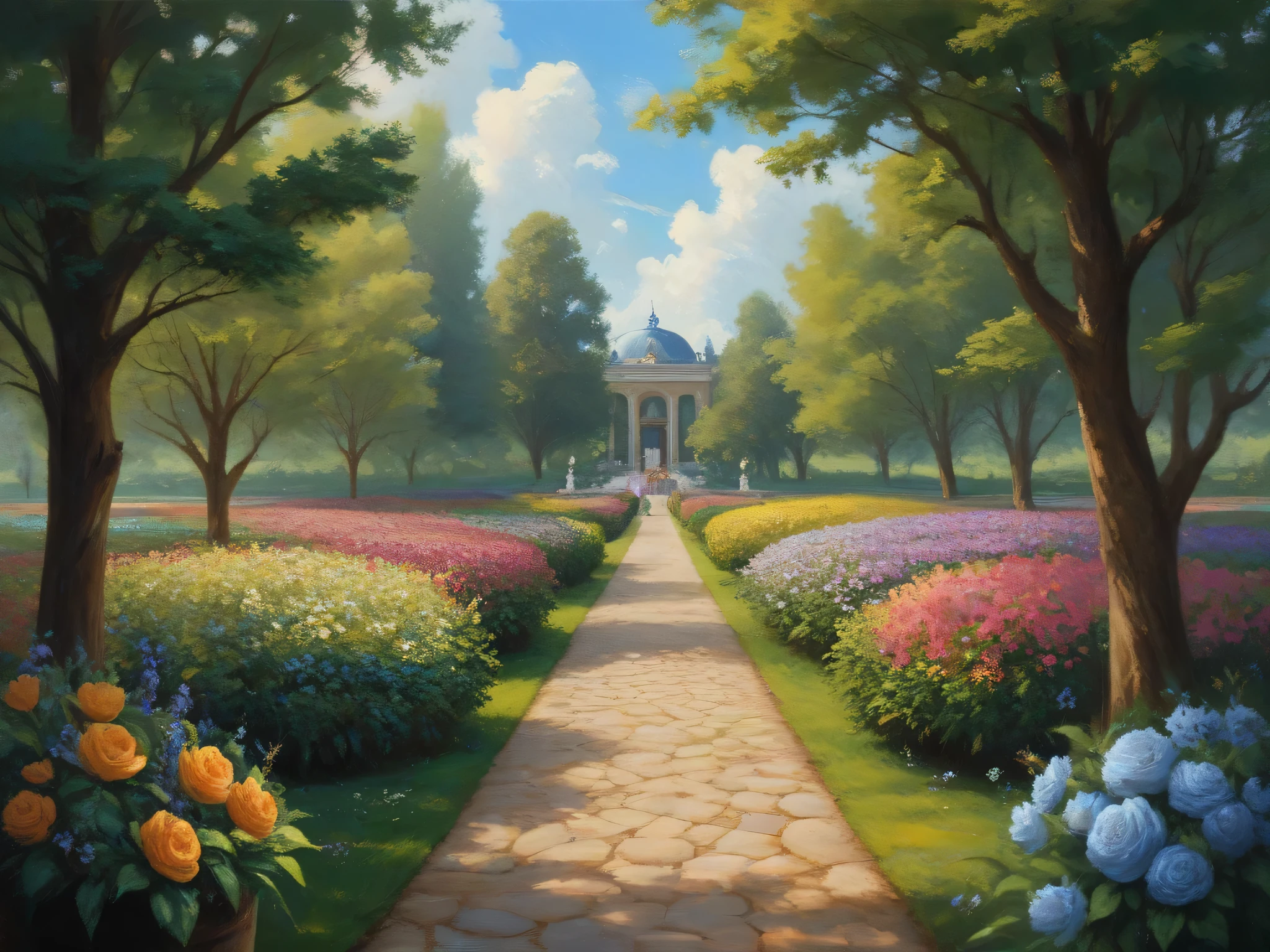 Picture of a path with flowers and trees in the background, an  Impressionist Paintings by Claude Monet,  Shutterstock ,  art, by claude Many, claude Many), Many painting, Many painted, style of Many, charles Many, Many. Stunning lighting, style of claude Many,  GARDEN WITH FLOWERS  , Many style,  Impressionist Paintings, in the garden,  Impressionist Paintings, impressionism art