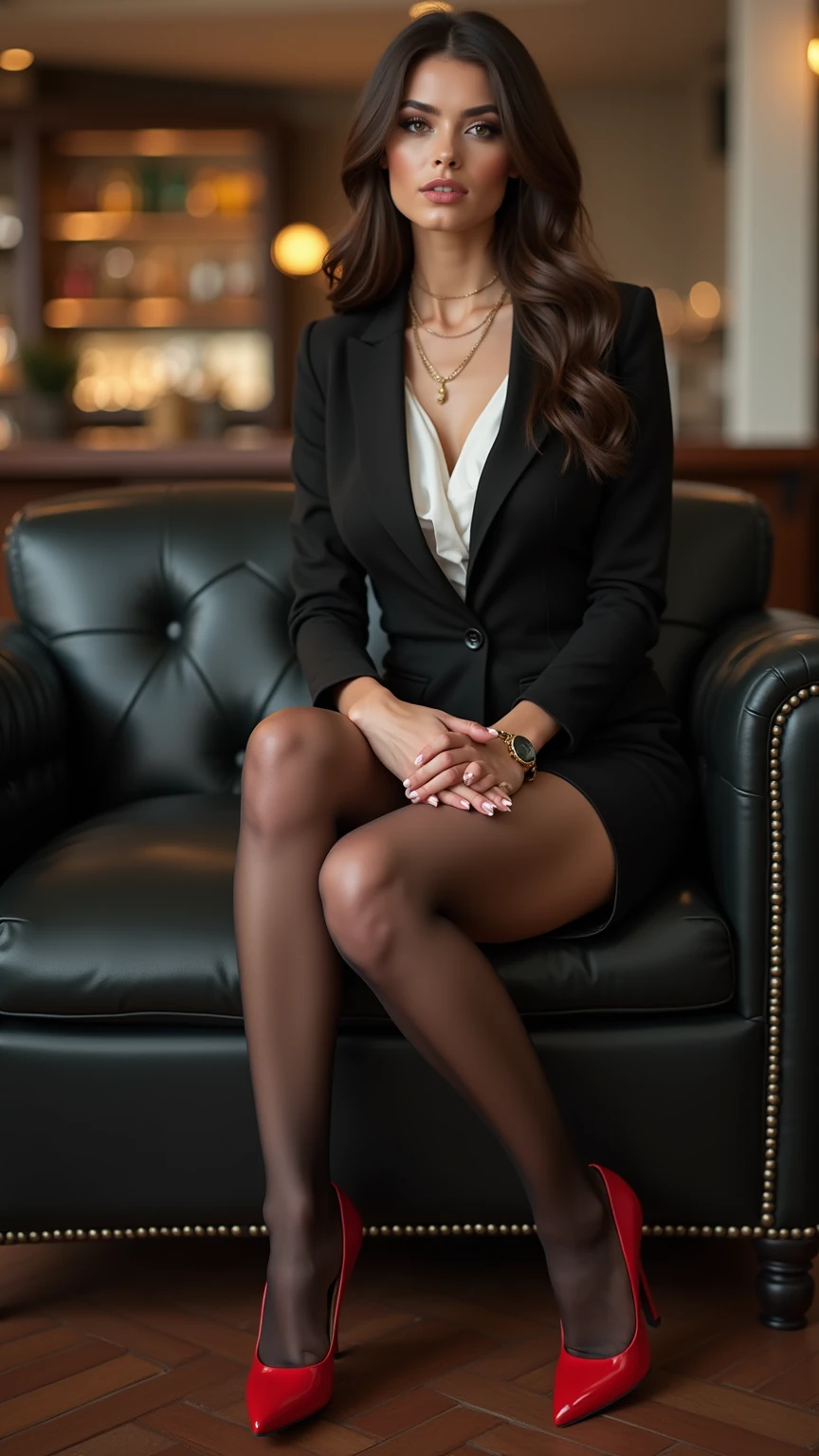 highest quality, masterpiece, ultra high resolution, realistic, 1 girl, gray business suit and sexy bra, smile,sparkling eyes,clear black eyes,Medium chest,beautiful feet,long straight hair,beautiful feet