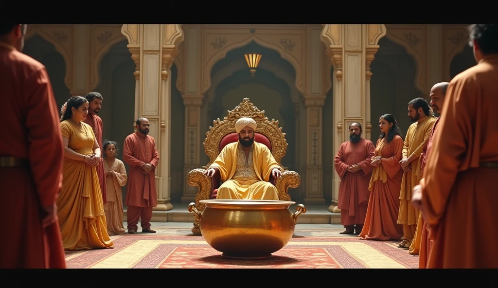 Three indian ancient young men kneeling infornt of the king