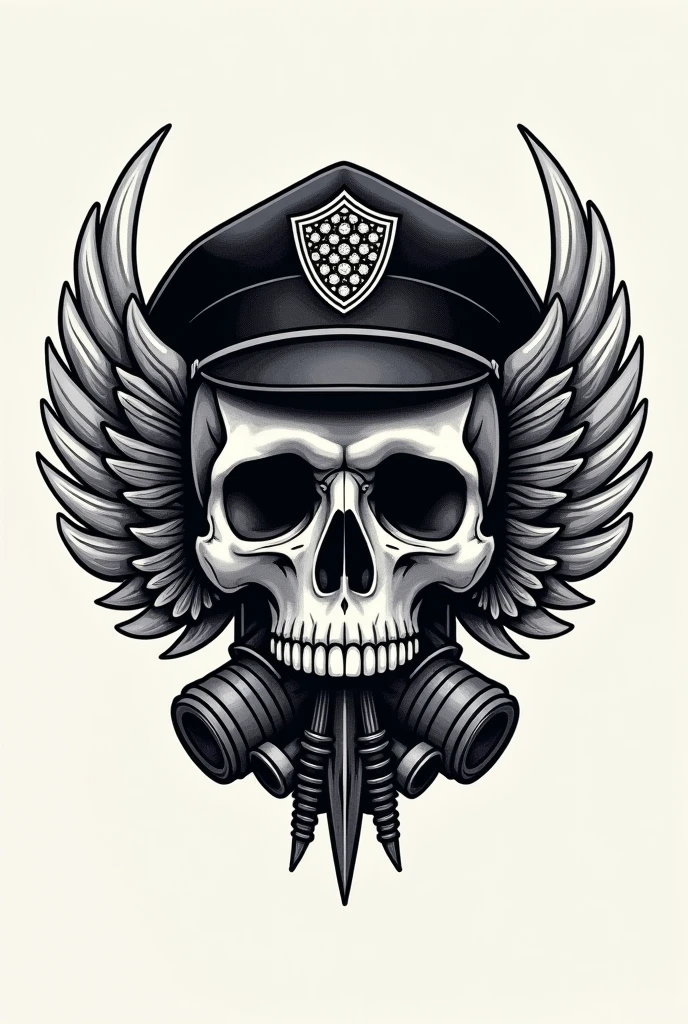 a skull with wings and a helmet on a white background, insignias militaryes, military designy, patch design en el hombro, con un emblem de águila, military, very detailed illustration”, insignia, Skull design for a rock band, bg white, emblem, the angel of death with a halo, very detailed illustration, patch design, skull image on vest, Very detailed black and white with the colors of Venezuela 