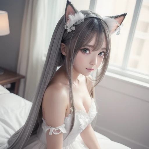 Una pegatina con un borde recortado blanco sobre un fondo neutro de cuerpo completo. En el estilo de anime kawaii una elfa hembra grande y delgada, vestido con una ligera armadura de cuero, lleva un gran arco, orejas puntiagudas muy grandes, Cabello largo y lacio, con ojos muy expresivos.