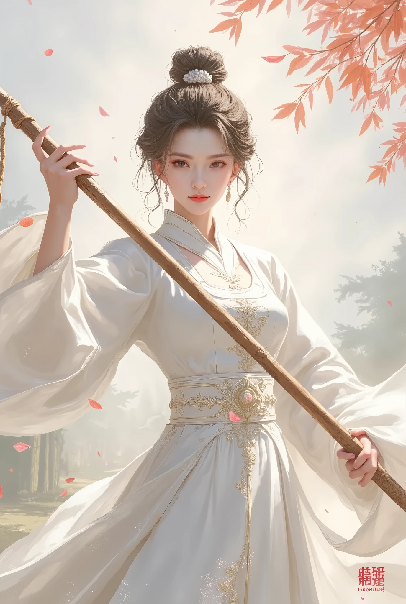 Female character holding a stick，Ancient martial arts style， Chinese style，2D