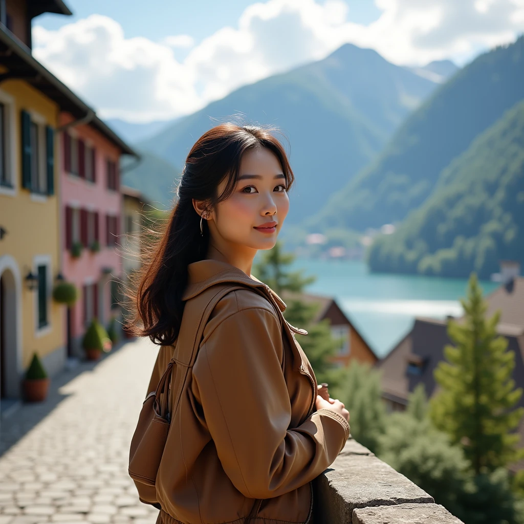 스위스 슈피츠 마을에서, beautiful Korean woman in her 40s in the Swiss town of Spiez, F cup , Sexiness, Travel Outfit , 8k real image