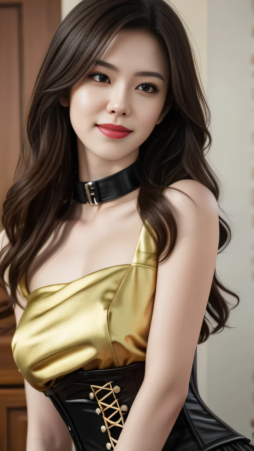 Angry face, With training,,OL,black corset,,collar,,(( Best Quality , 8K,  masterpiece:1.3))),  clearly focused: 1.2、(Layer cutting, Large target:1.2), Beautiful woman with a perfect figure : 1.4、 slim abs :1.2、Wet:1.5、 highly detailed facial and skin texture 、 careful eyes 、 Double eyelids, long hair，Charming smile