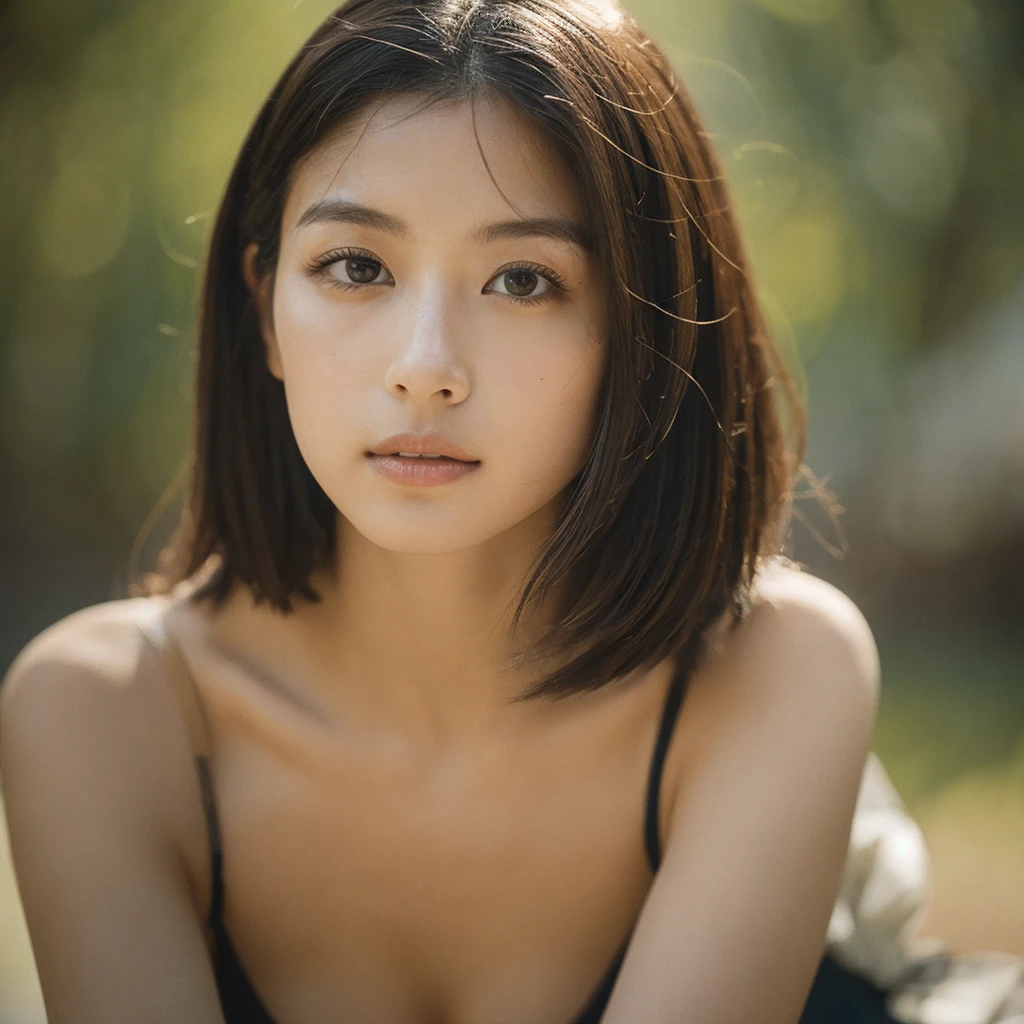 (masterpiece、high resolution)、Beautiful and realistic Asian,Plump body,Cute face,Beautiful Face,double eyelid,Naughty look,Bob Hair,Black Hair,iris,From below,evening,Beautiful Skin,Beautiful body、Cleavage、Heavy bust:1.25,Mysterious,high quality,Realistic,Perfect Japan,Beautiful woman,boyish,gravure,fashionable